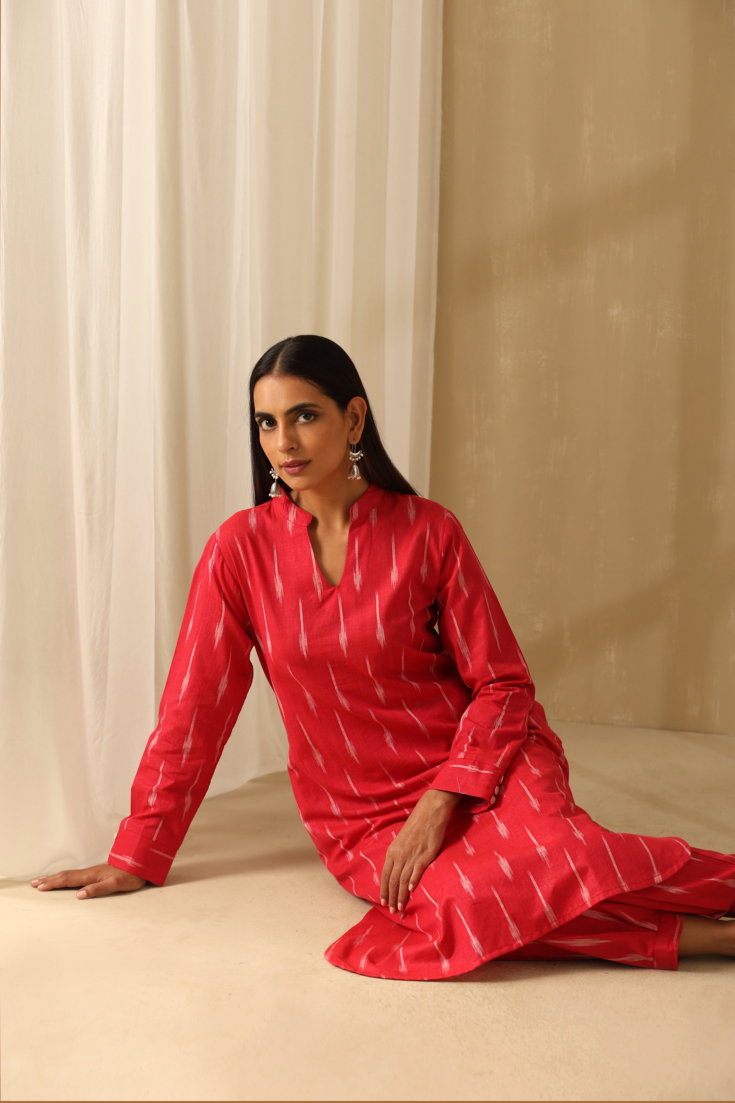 Raspberry Pink Ikat Handloom Cotton Kurta Set of 2