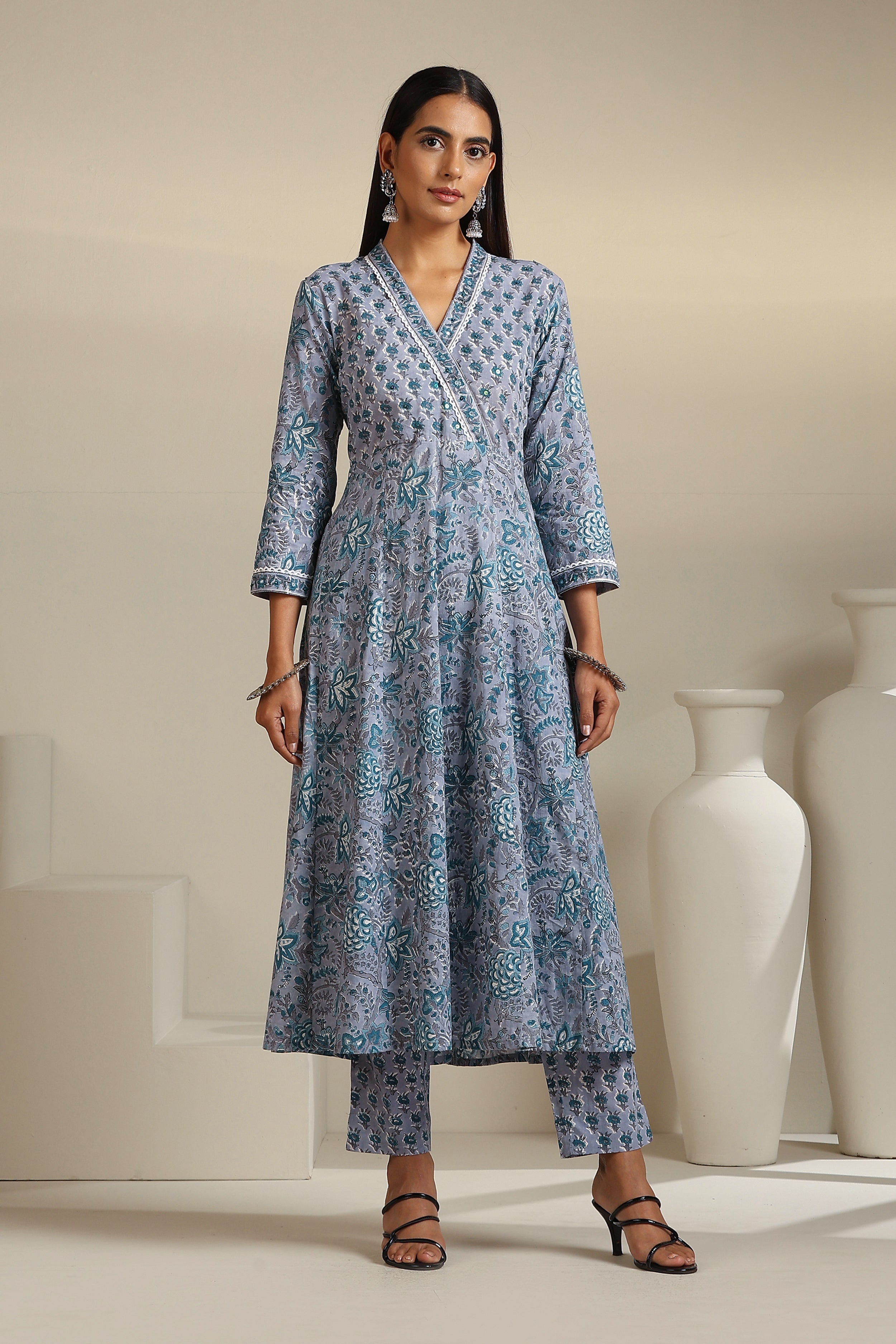 Grey Aquamarine Embroidered Anarkali Set of 3