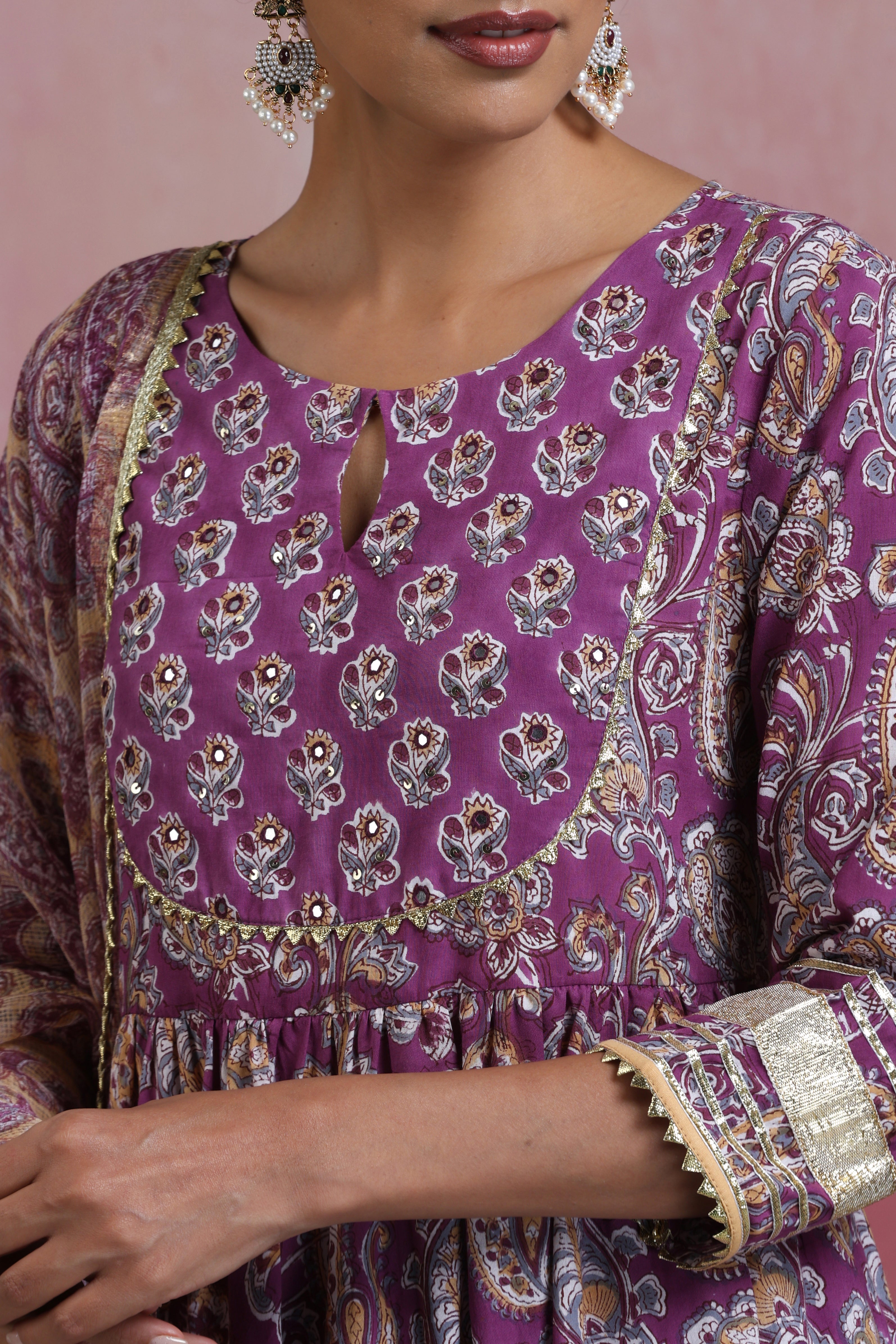 Purple Kimaya Embroidered Anarkali Set of 3