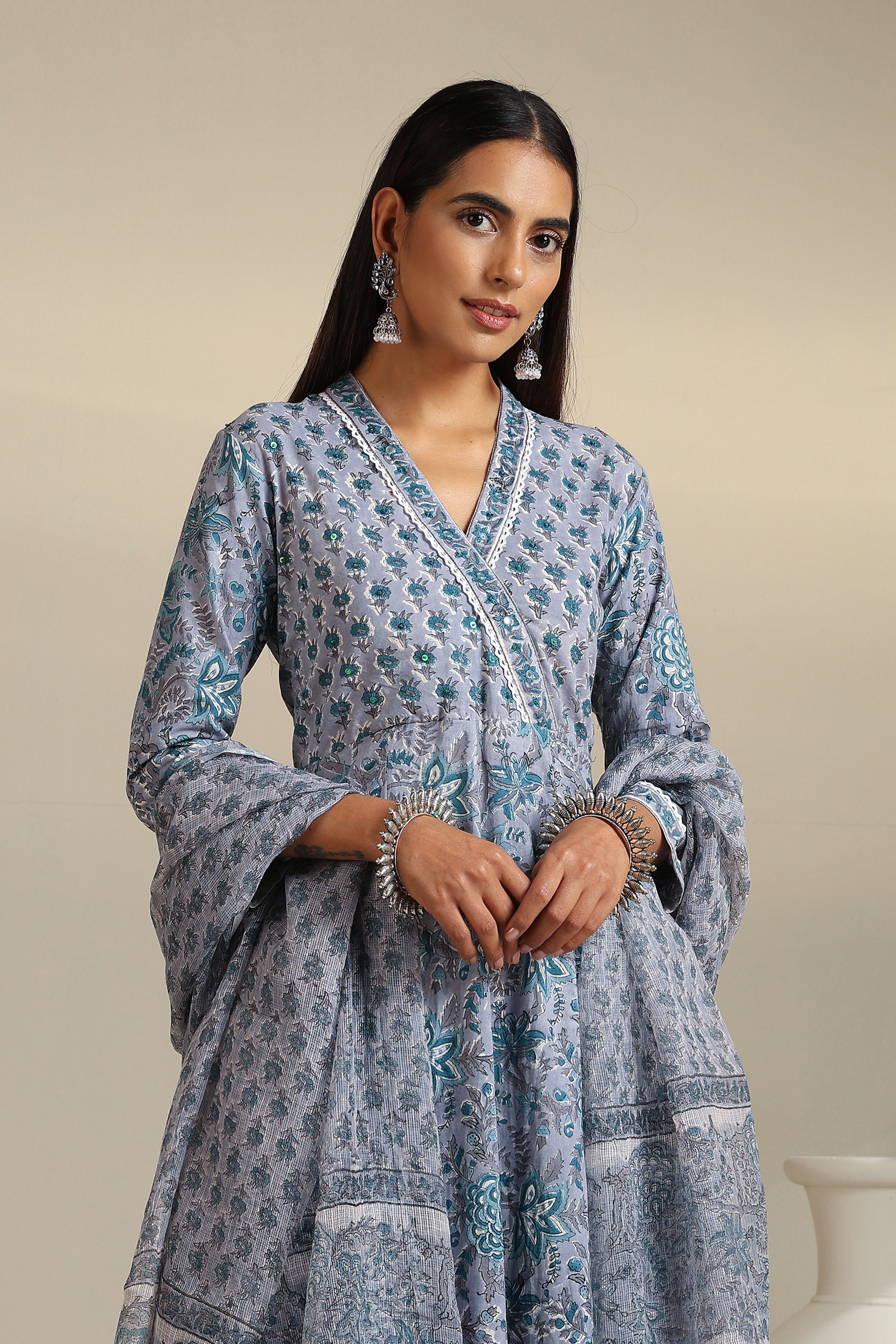 Grey Aquamarine Embroidered Anarkali Set of 3