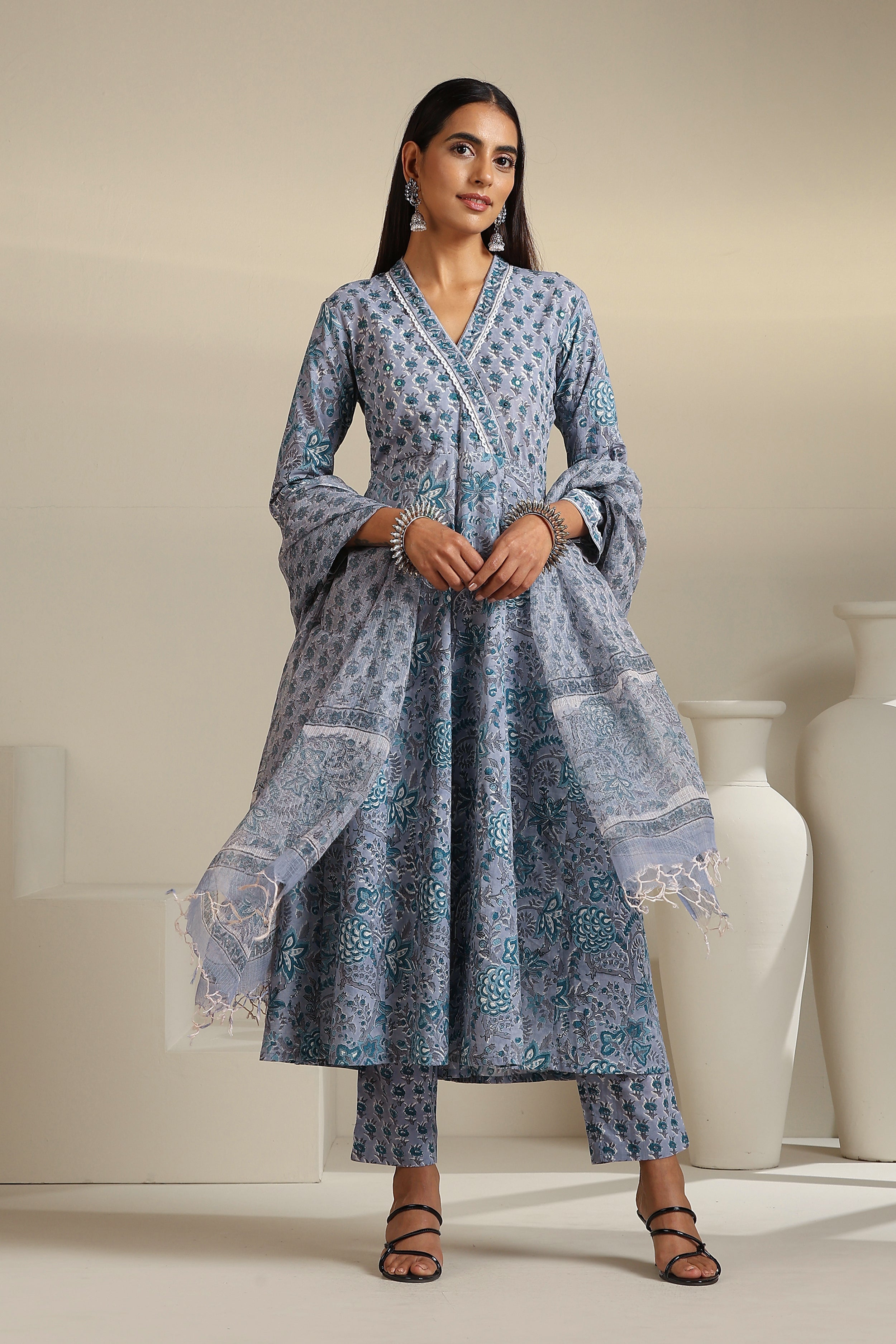 Grey Aquamarine Embroidered Anarkali Set of 3