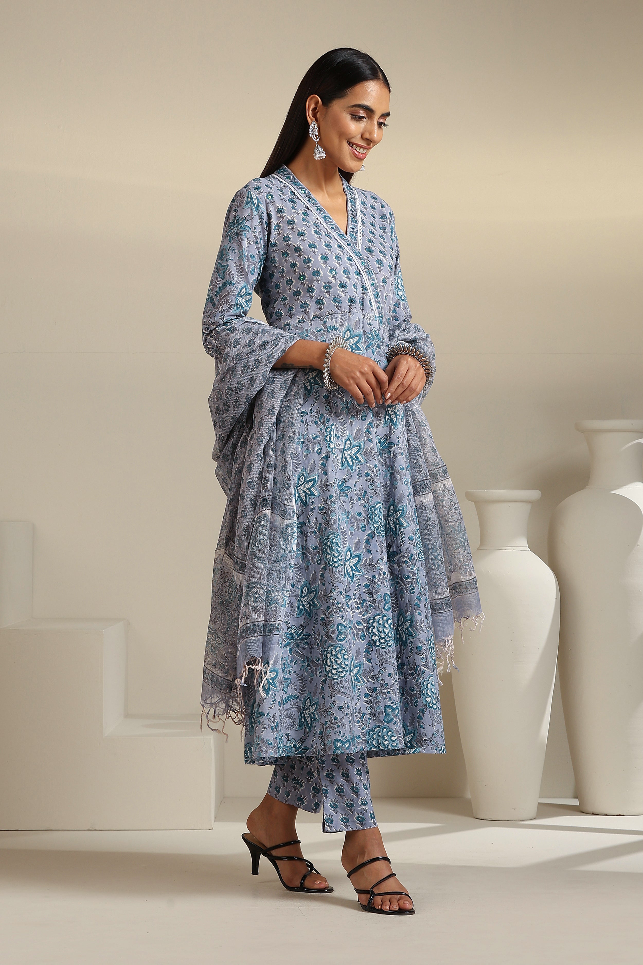 Grey Aquamarine Embroidered Anarkali Set of 3