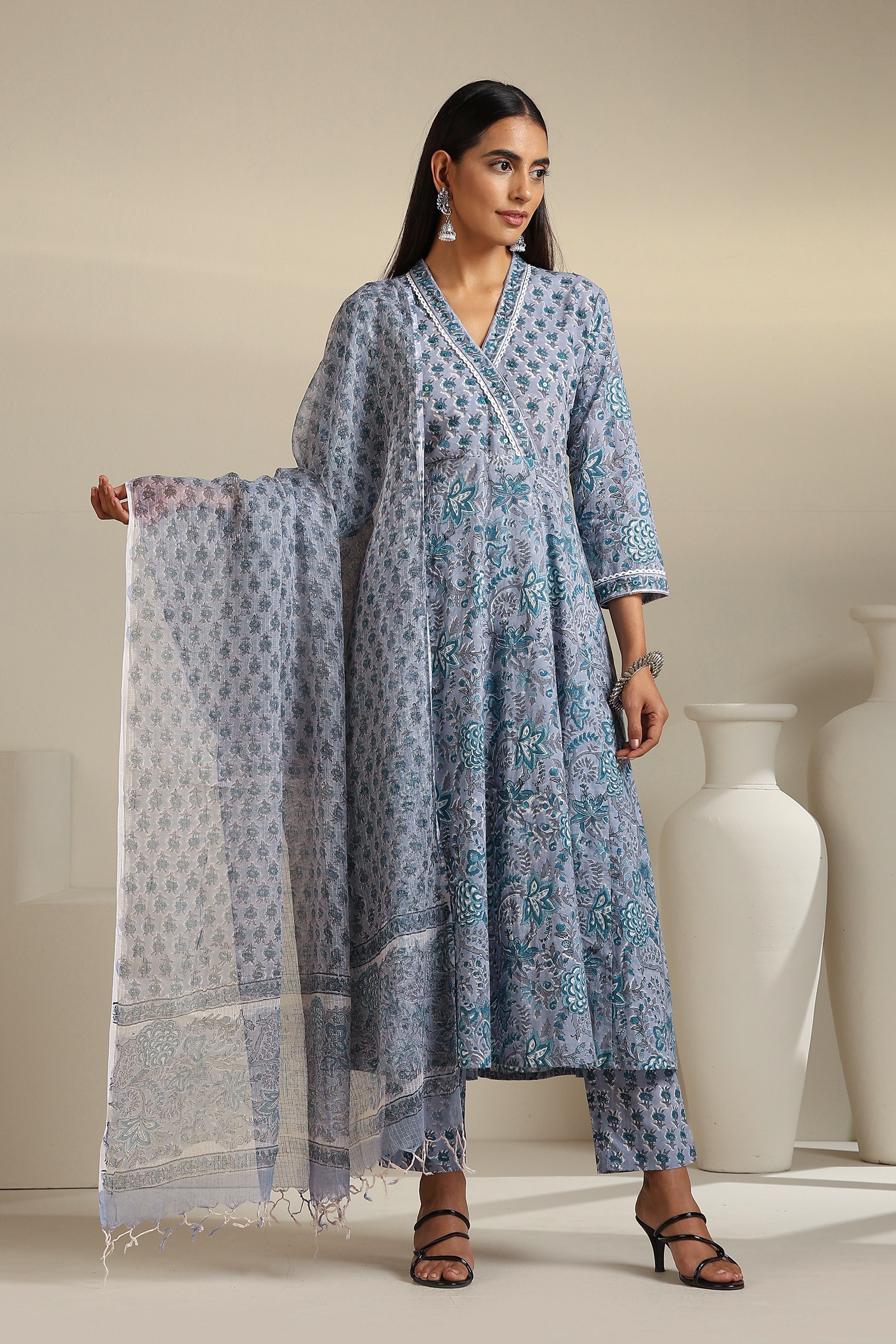 Grey Aquamarine Embroidered Anarkali Set of 3