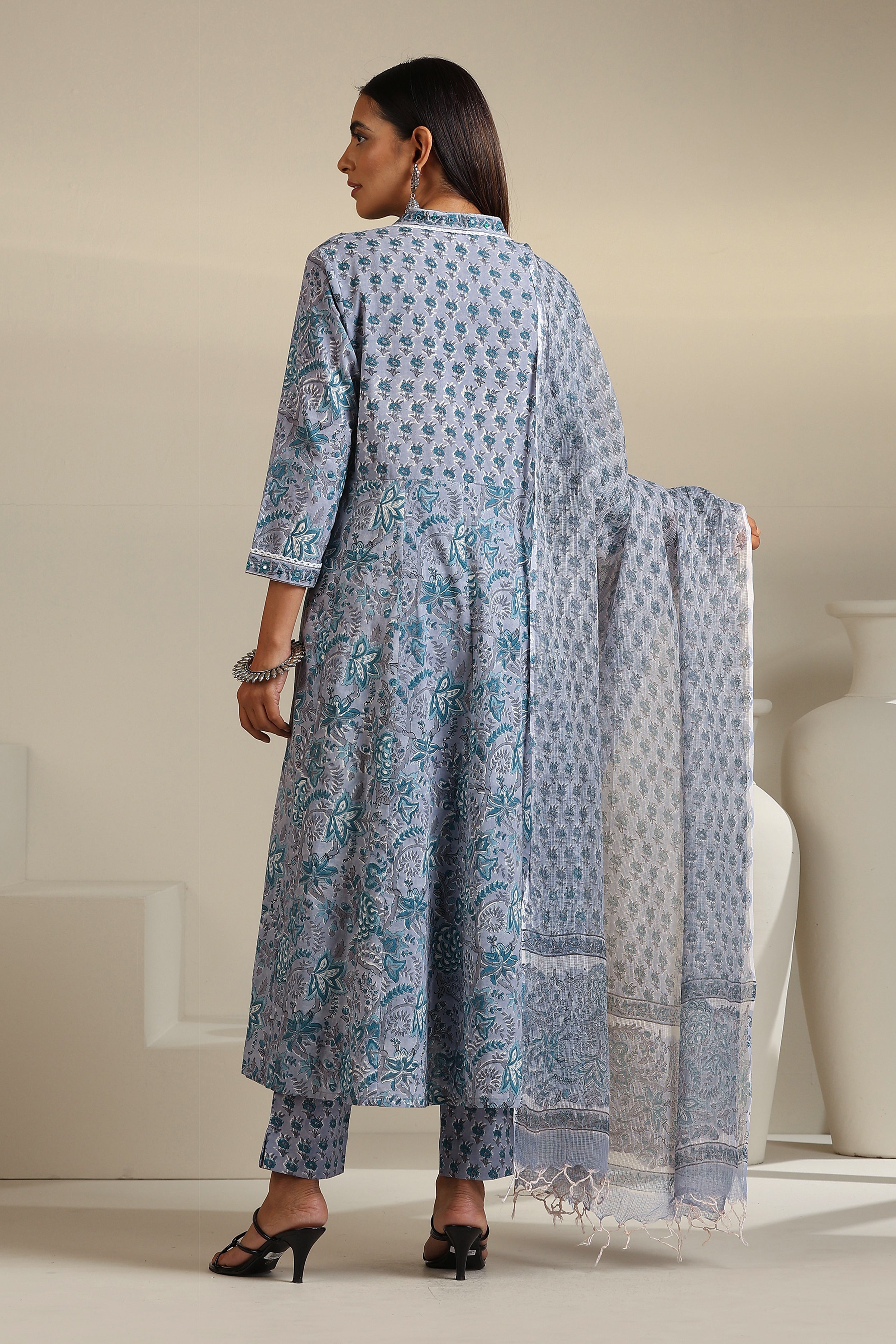 Grey Aquamarine Embroidered Anarkali Set of 3