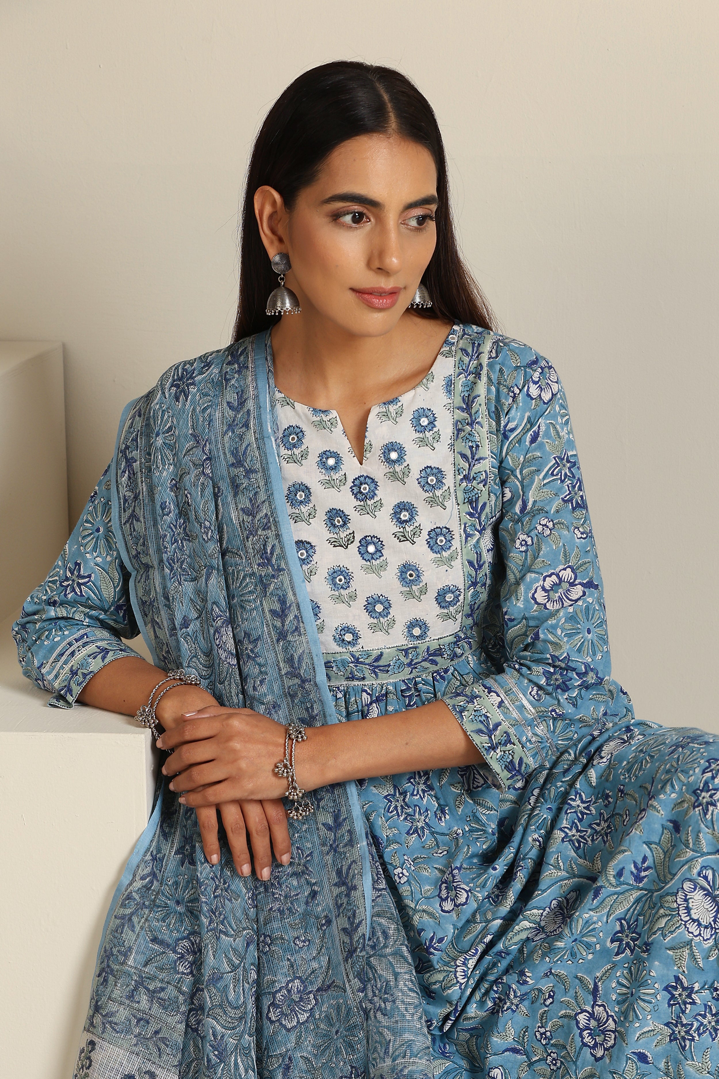 Azure Blue Mirrorwork Anarkali Set of 3