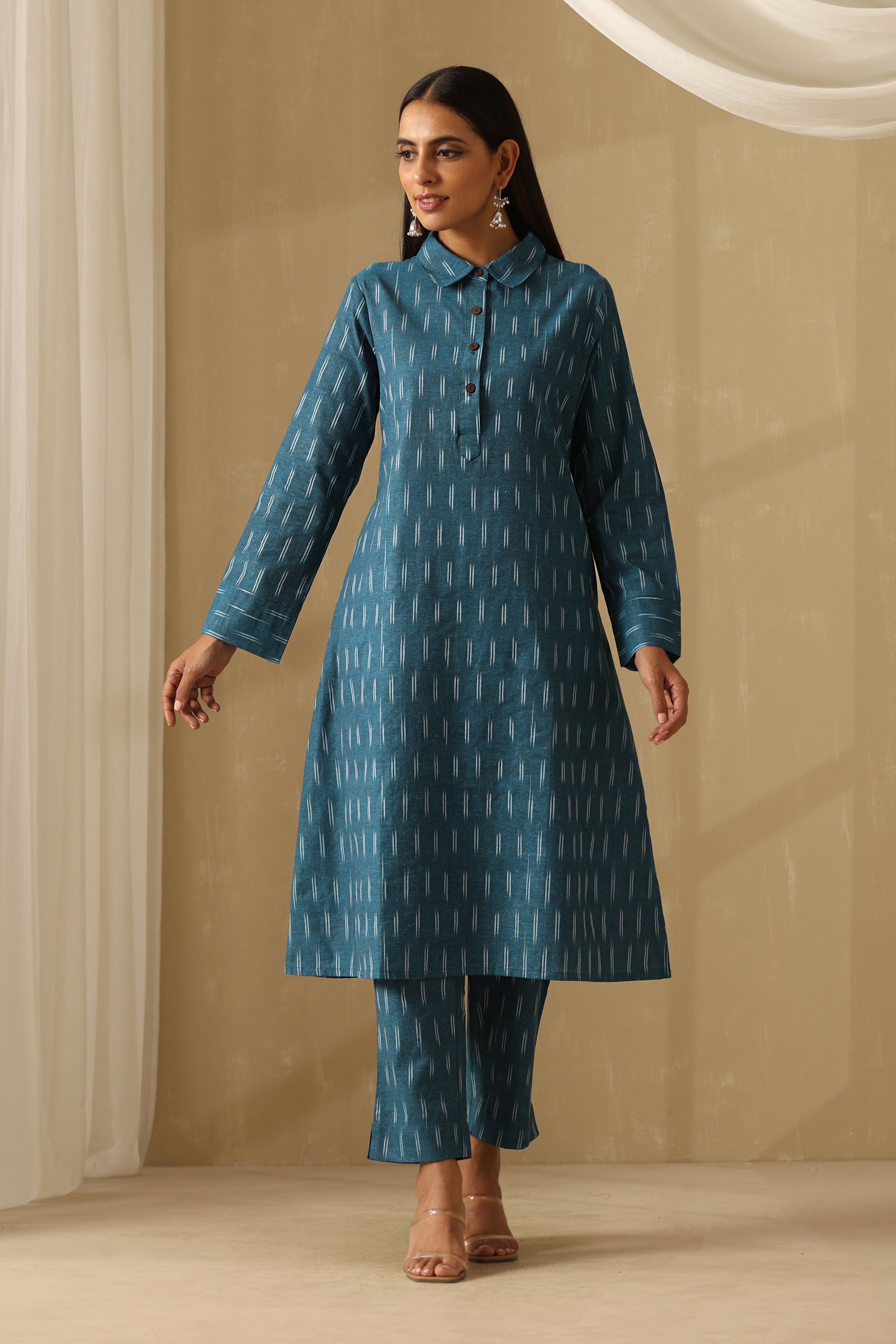 Azure Teal Ikat Handloom Cotton Kurta Set of 2