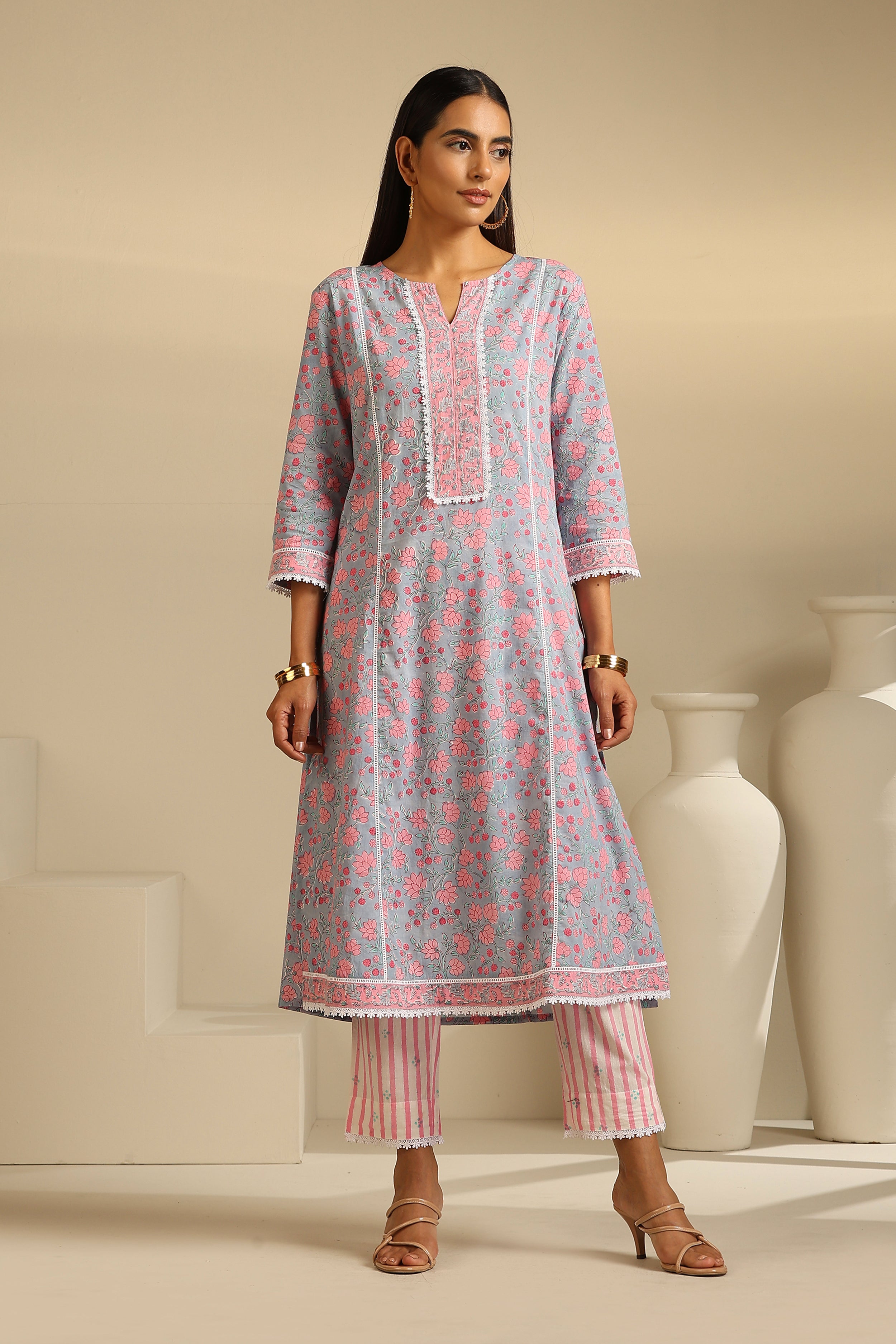 Blue Hyacinth Floral Kurta Set of 3