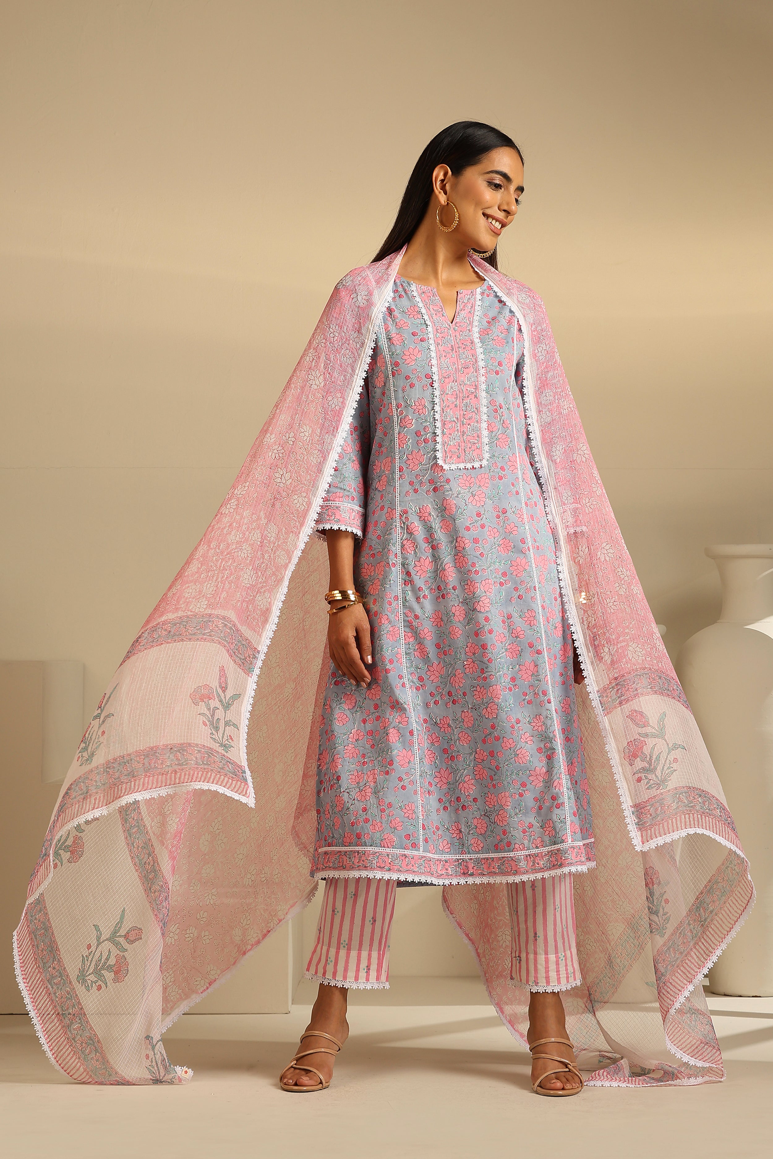 Blue Hyacinth Floral Kurta Set of 3