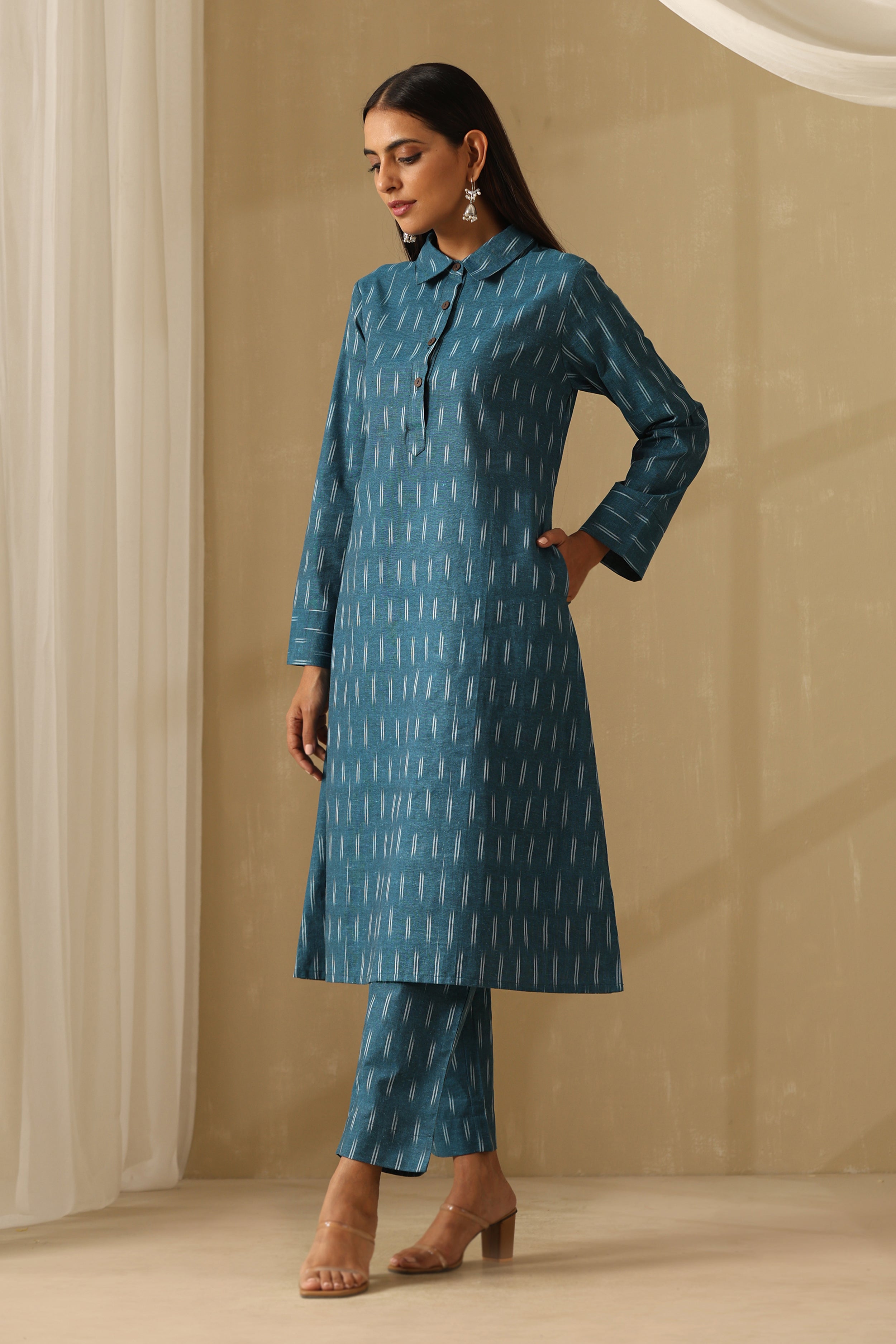Azure Teal Ikat Handloom Cotton Kurta Set of 2