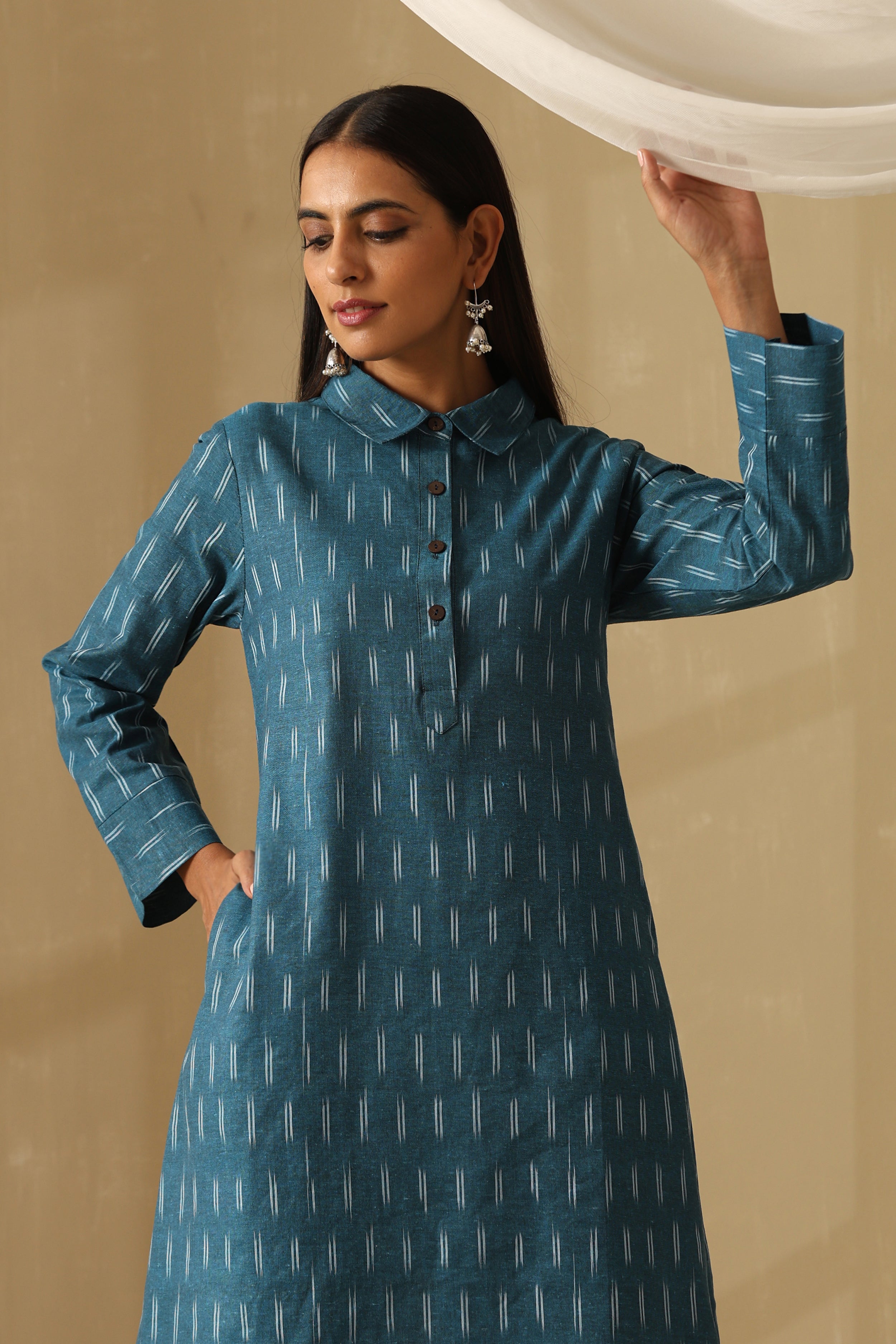 Azure Teal Ikat Handloom Cotton Kurta Set of 2