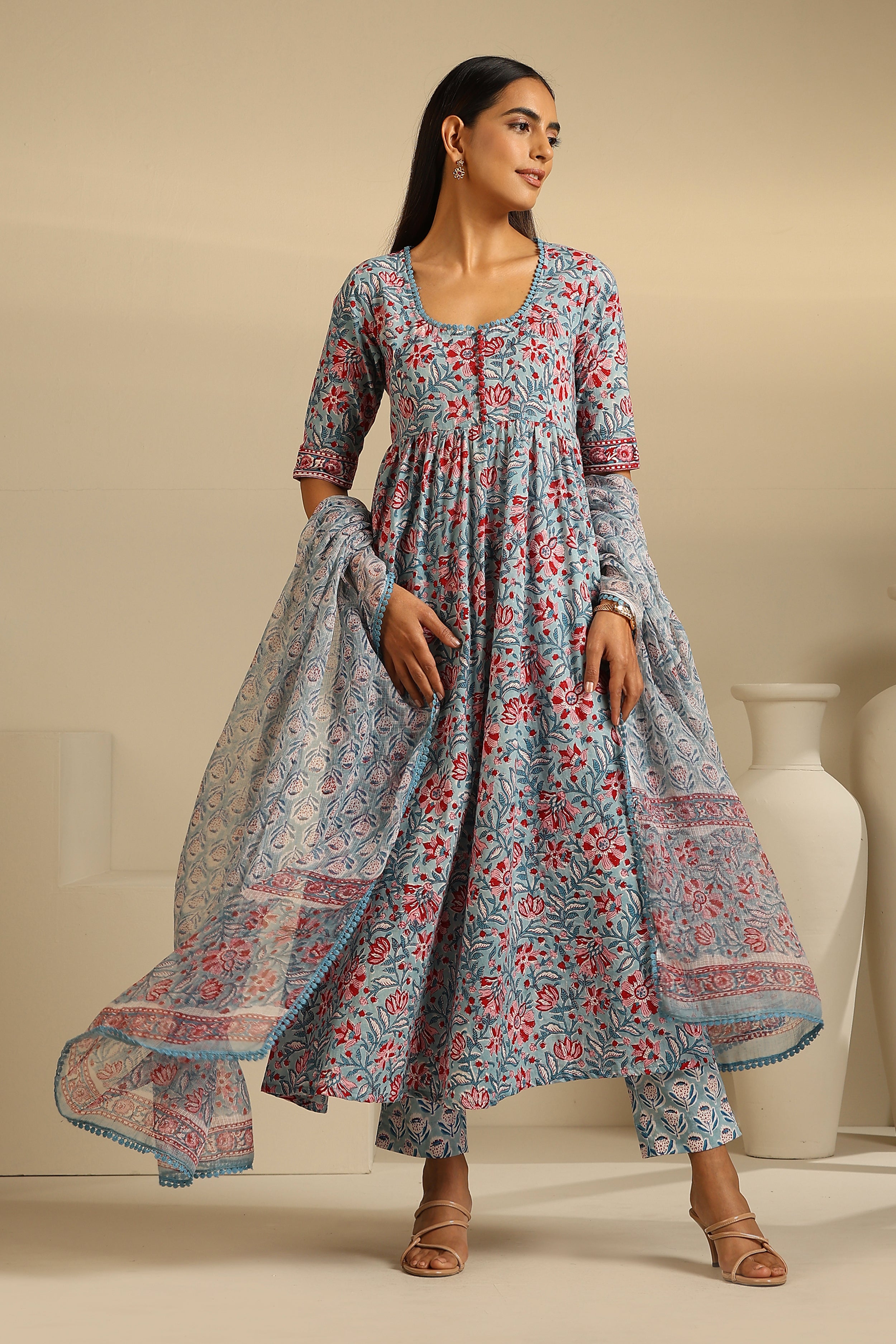 Blue Livia Gathered Kurta Set of 3