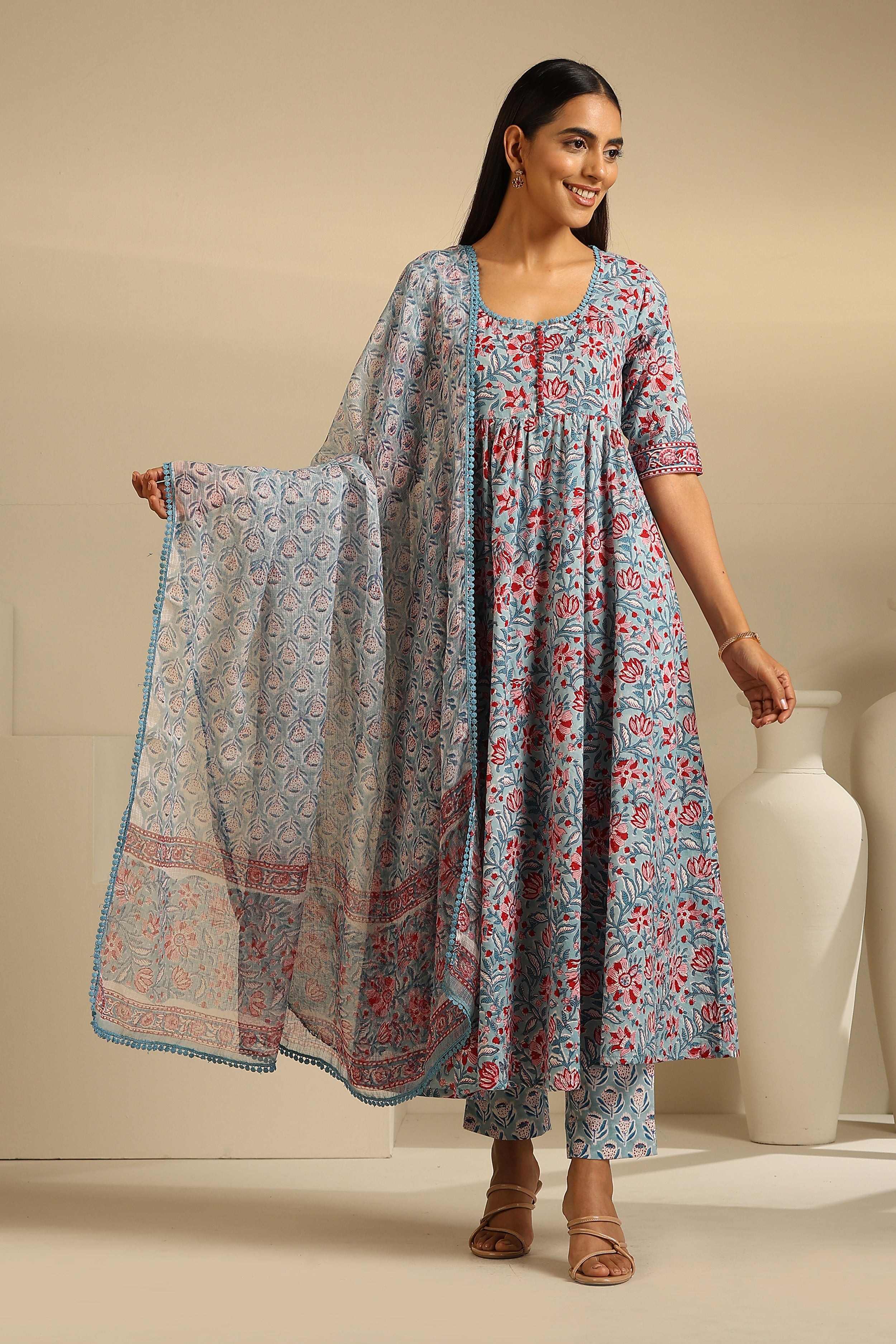 Blue Livia Gathered Kurta Set of 3