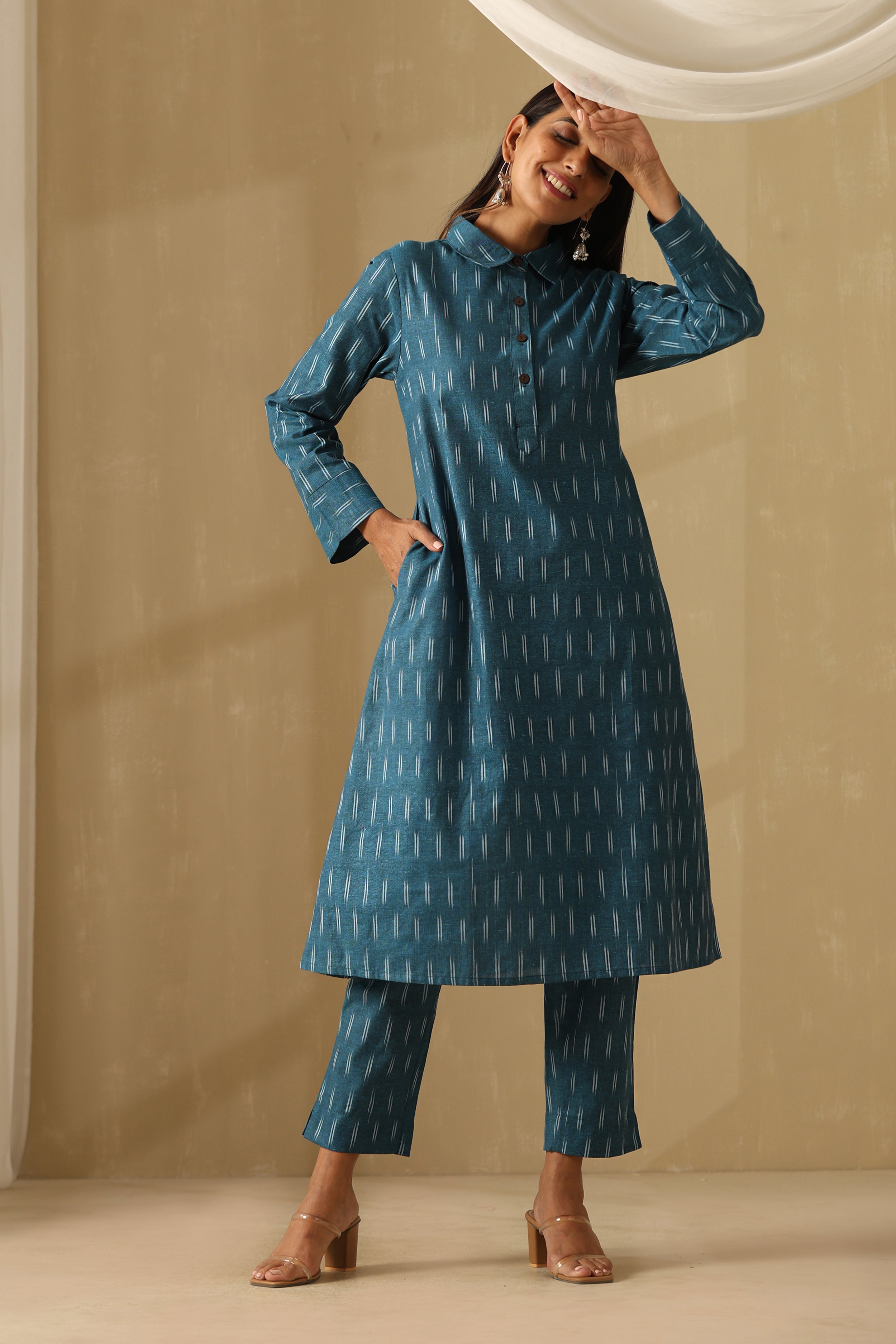 Azure Teal Ikat Handloom Cotton Kurta Set of 2
