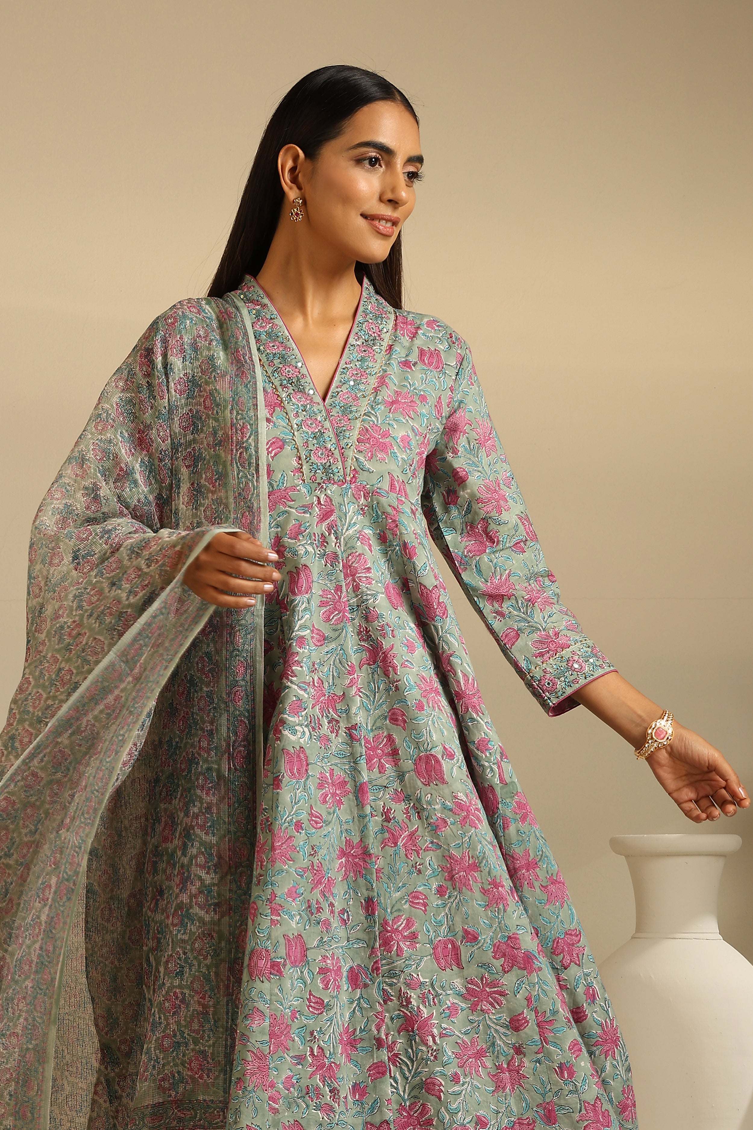 Green Sophia Embroidered Anarkali Set of 3