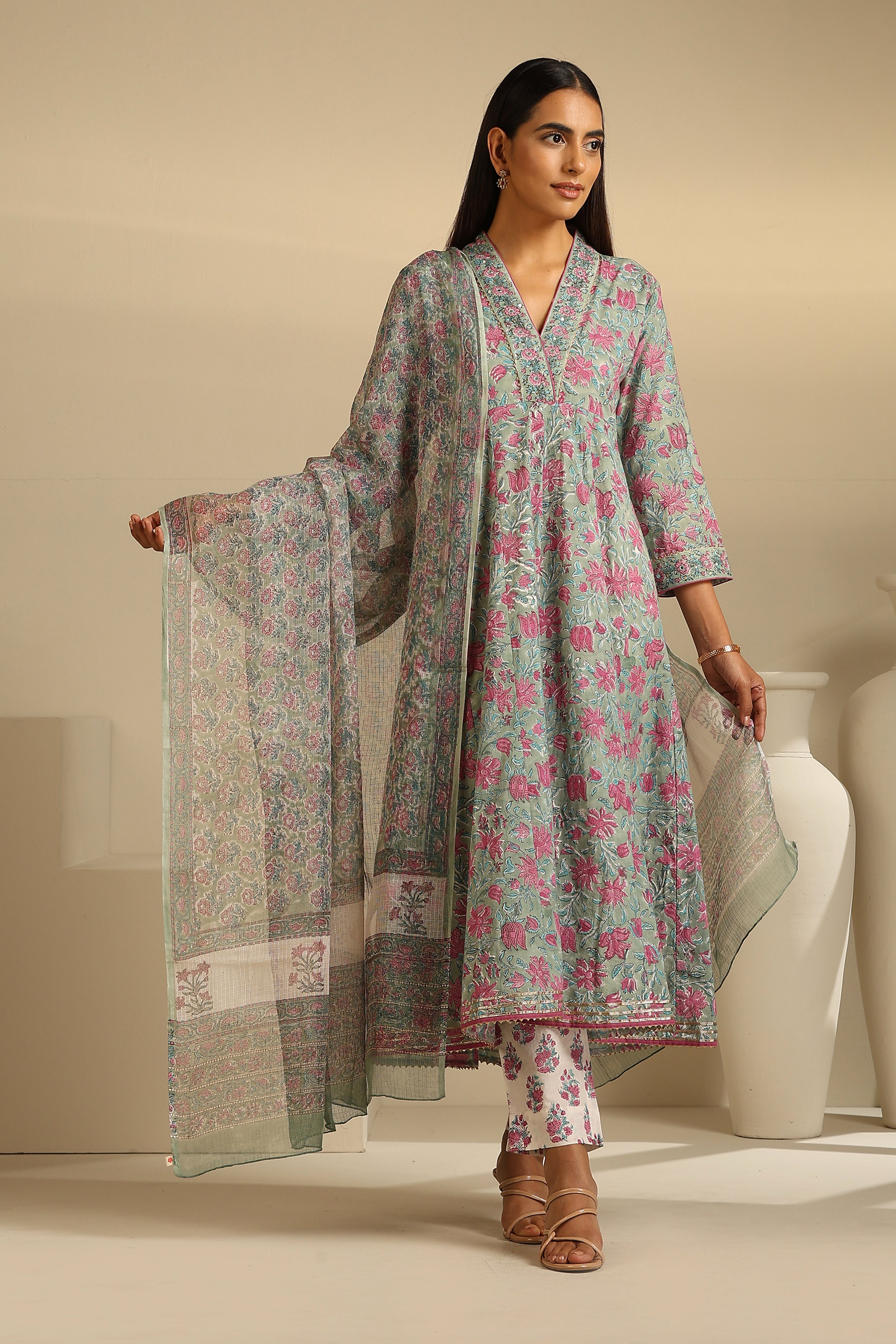 Green Sophia Embroidered Anarkali Set of 3