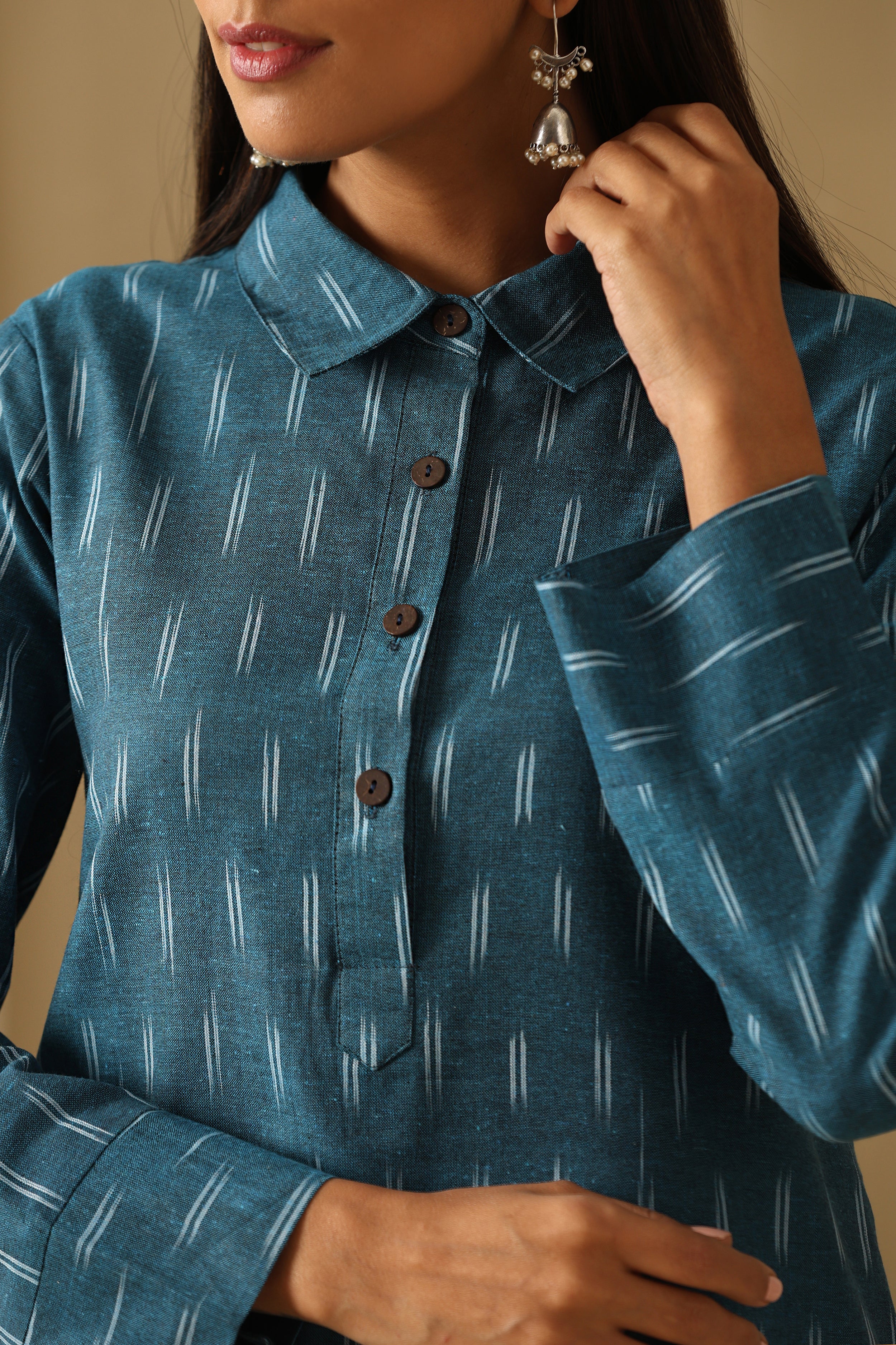 Azure Teal Ikat Handloom Cotton Kurta Set of 2