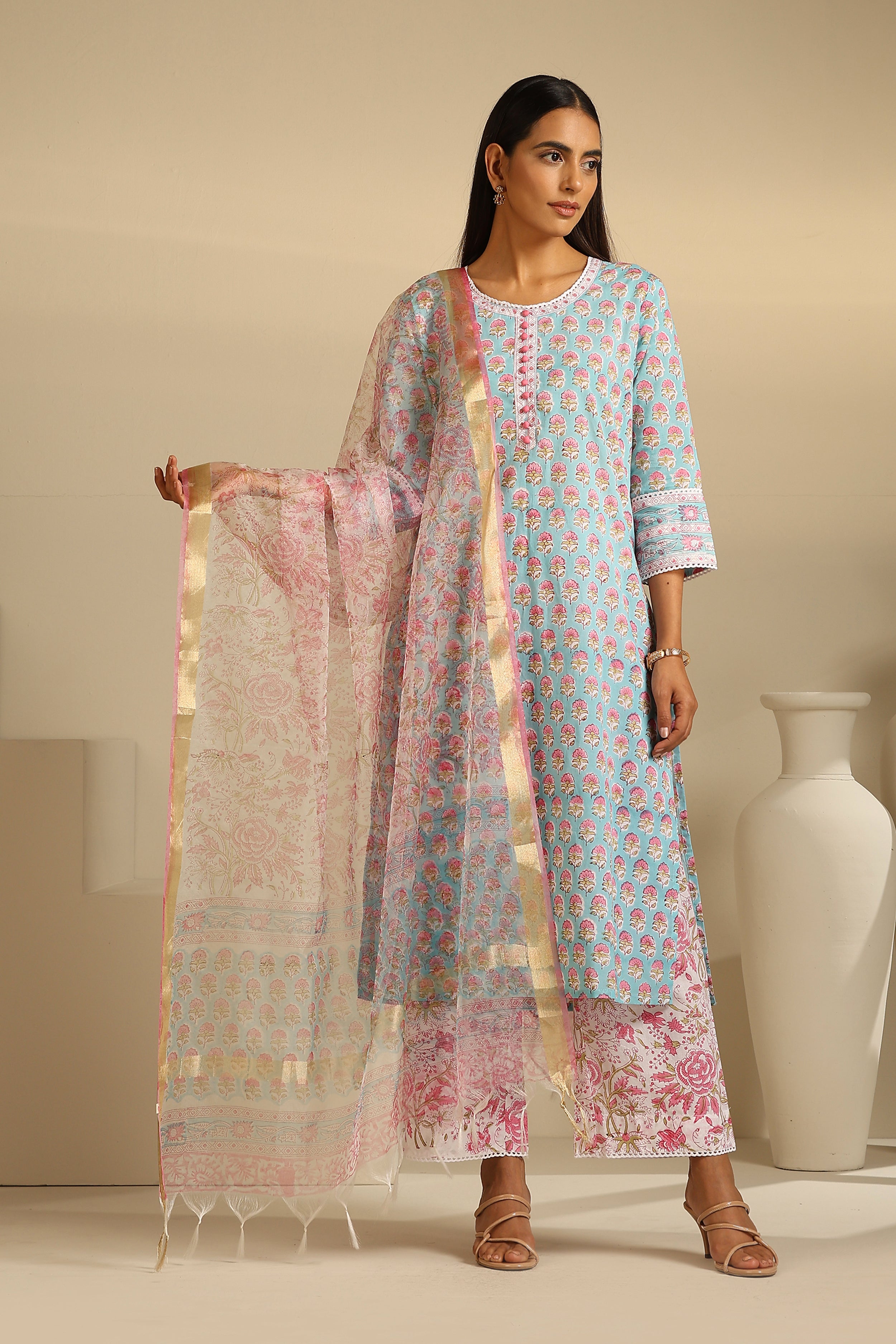 Cerulean Blue Embroidered Kurta Set of 3