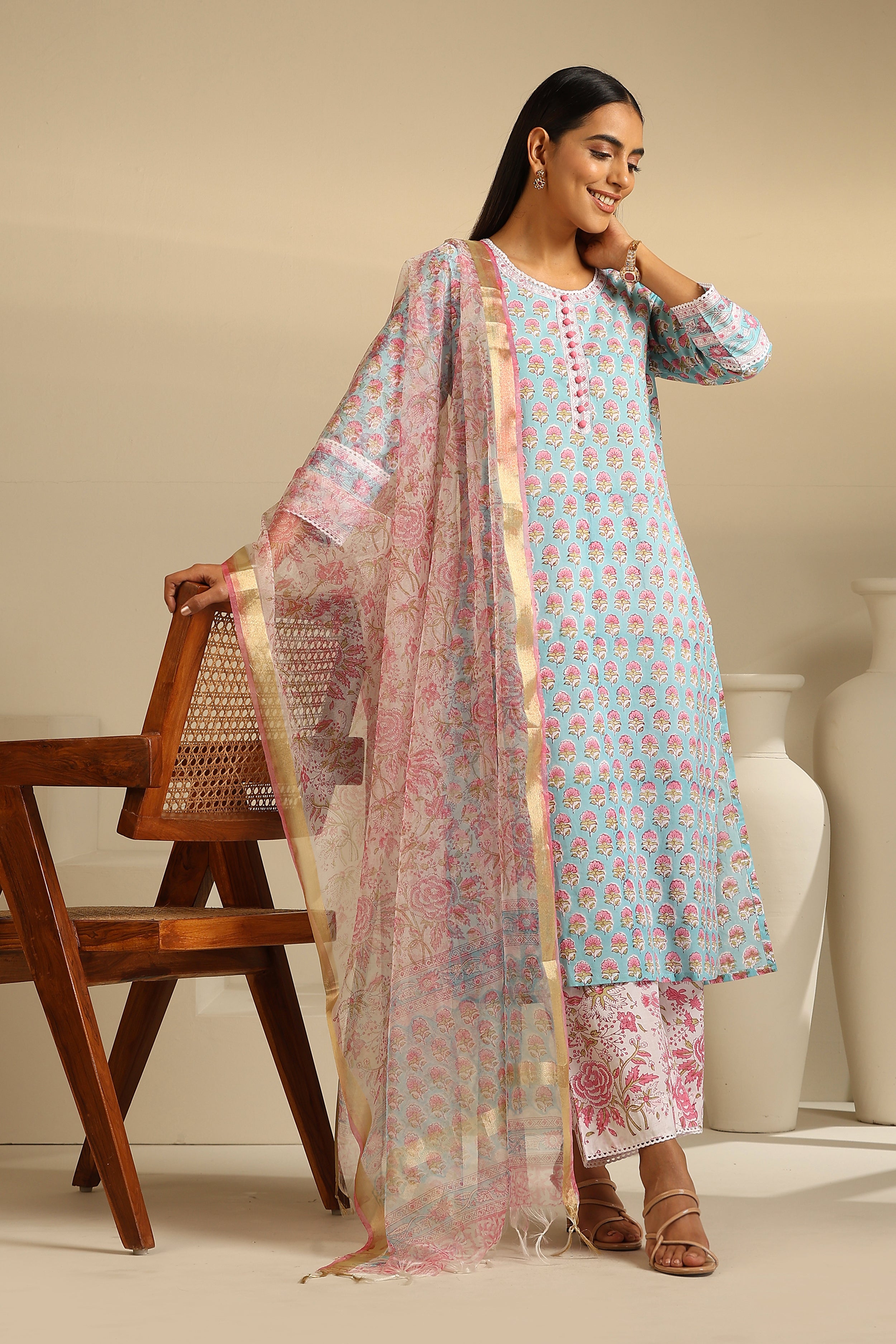 Cerulean Blue Embroidered Kurta Set of 3