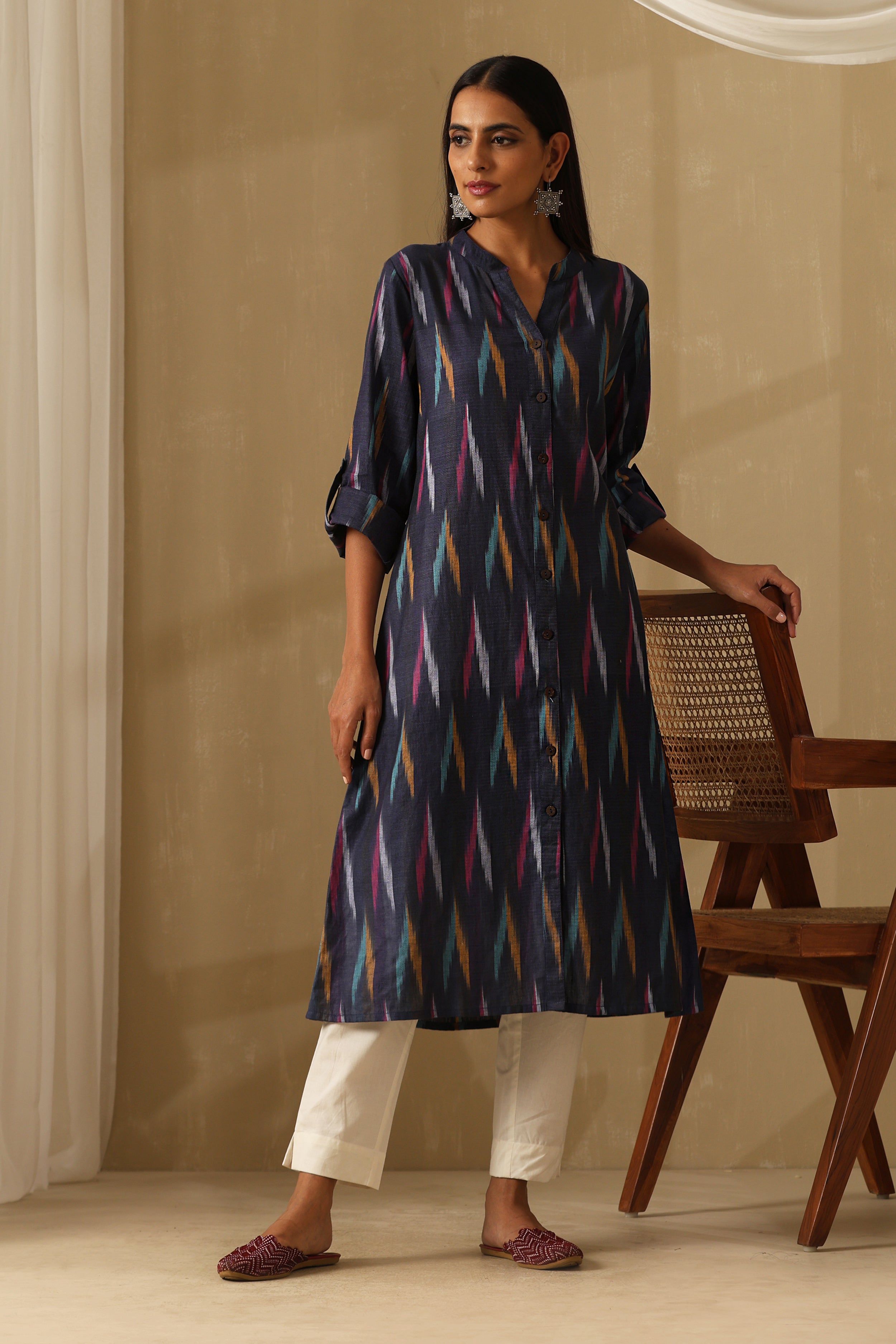 Kyanite Navy Multicolored Ikat Handloom Cotton Kurta Set of 2