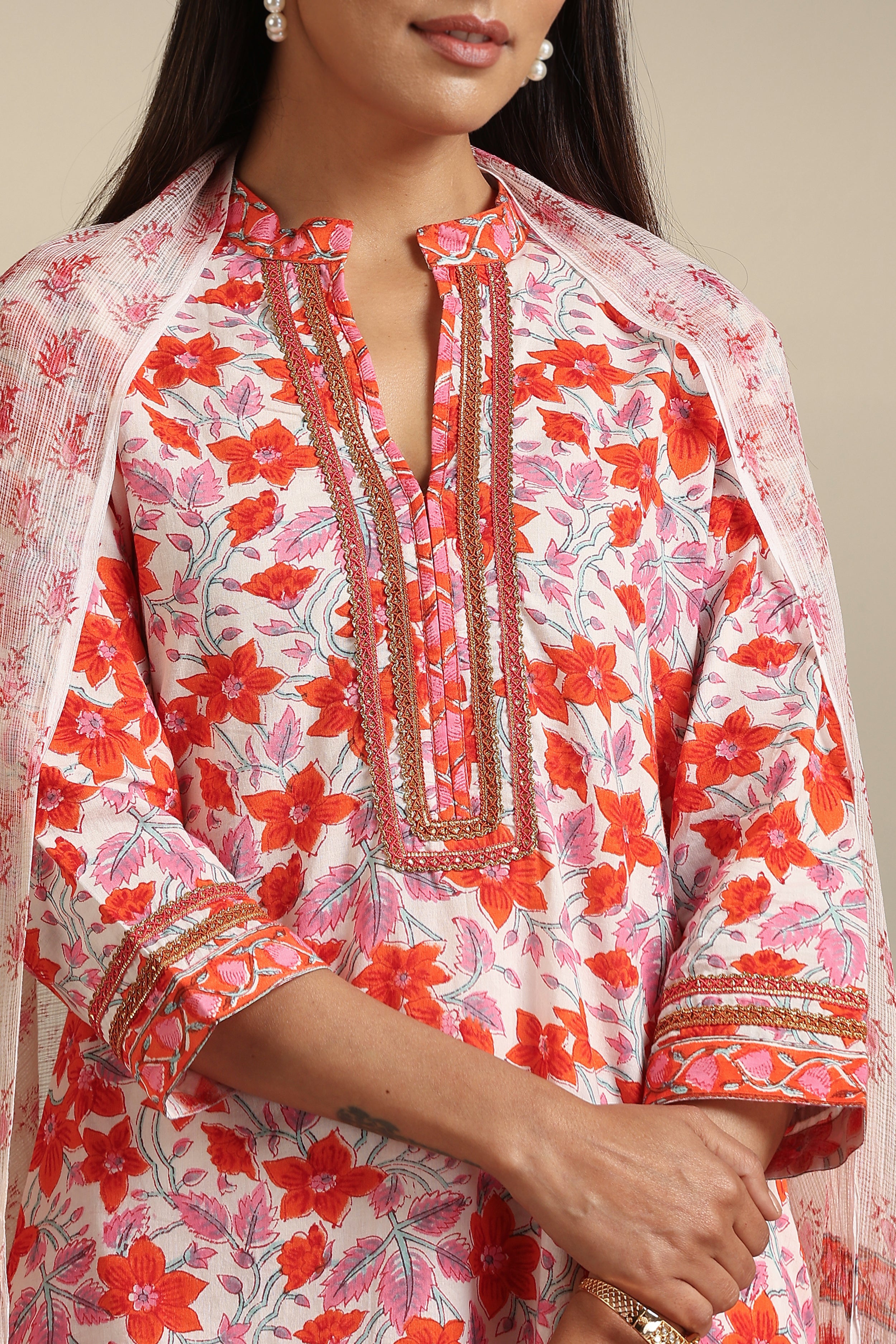 Tangerine Floral Kurta Set of 3