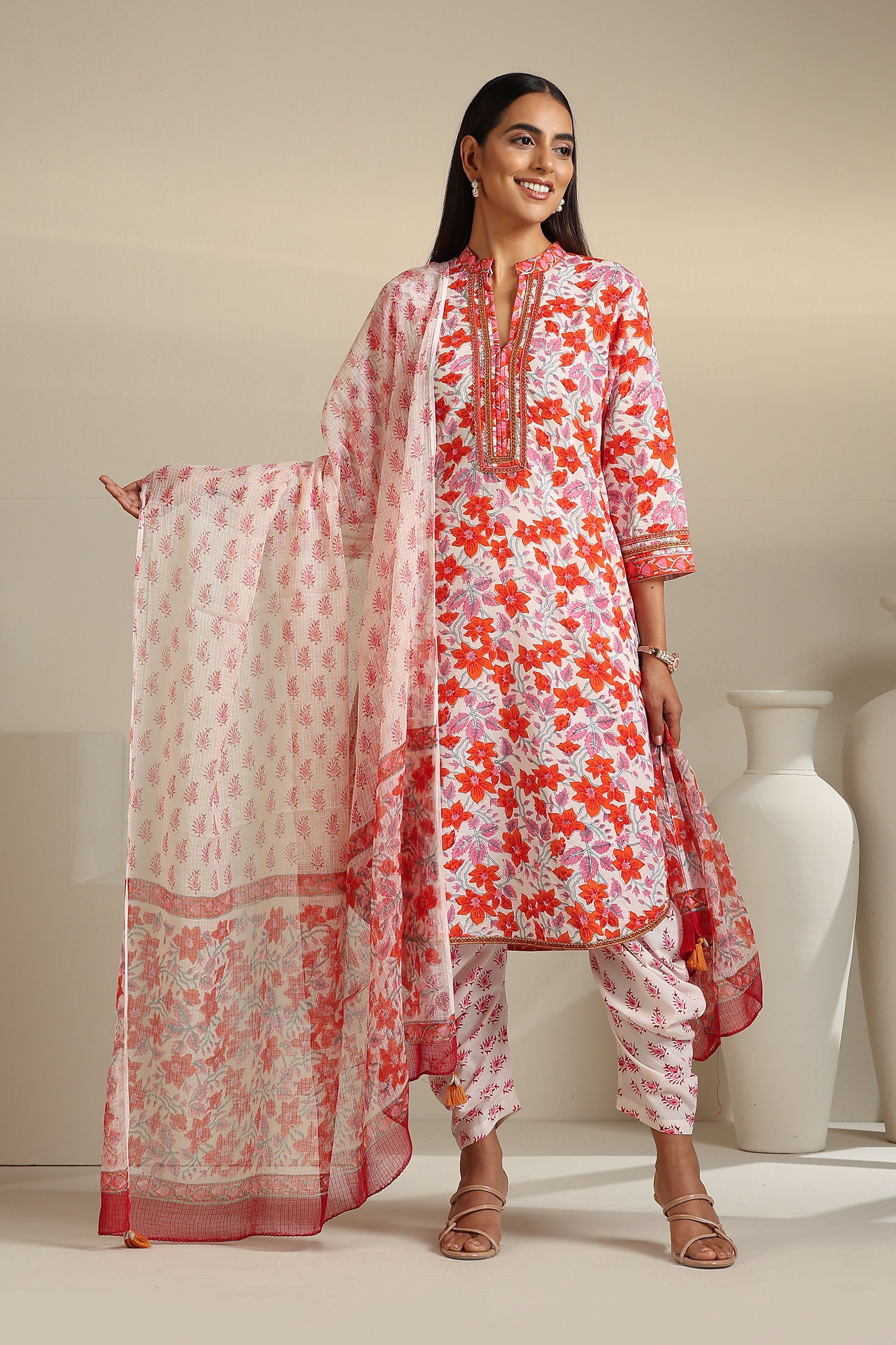 Tangerine Floral Kurta Set of 3
