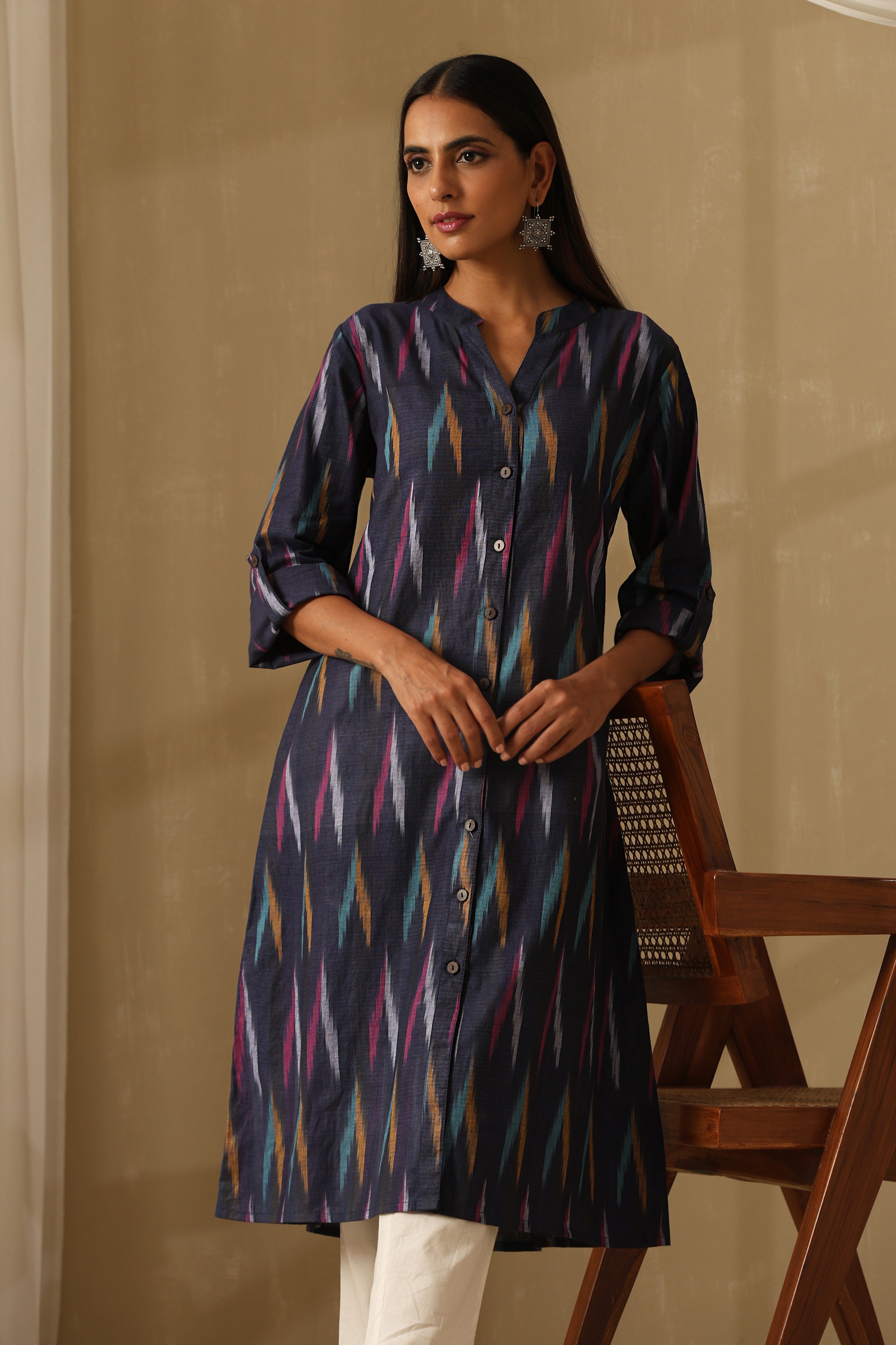 Kyanite Navy Multicolored Ikat Handloom Cotton Kurta Set of 2