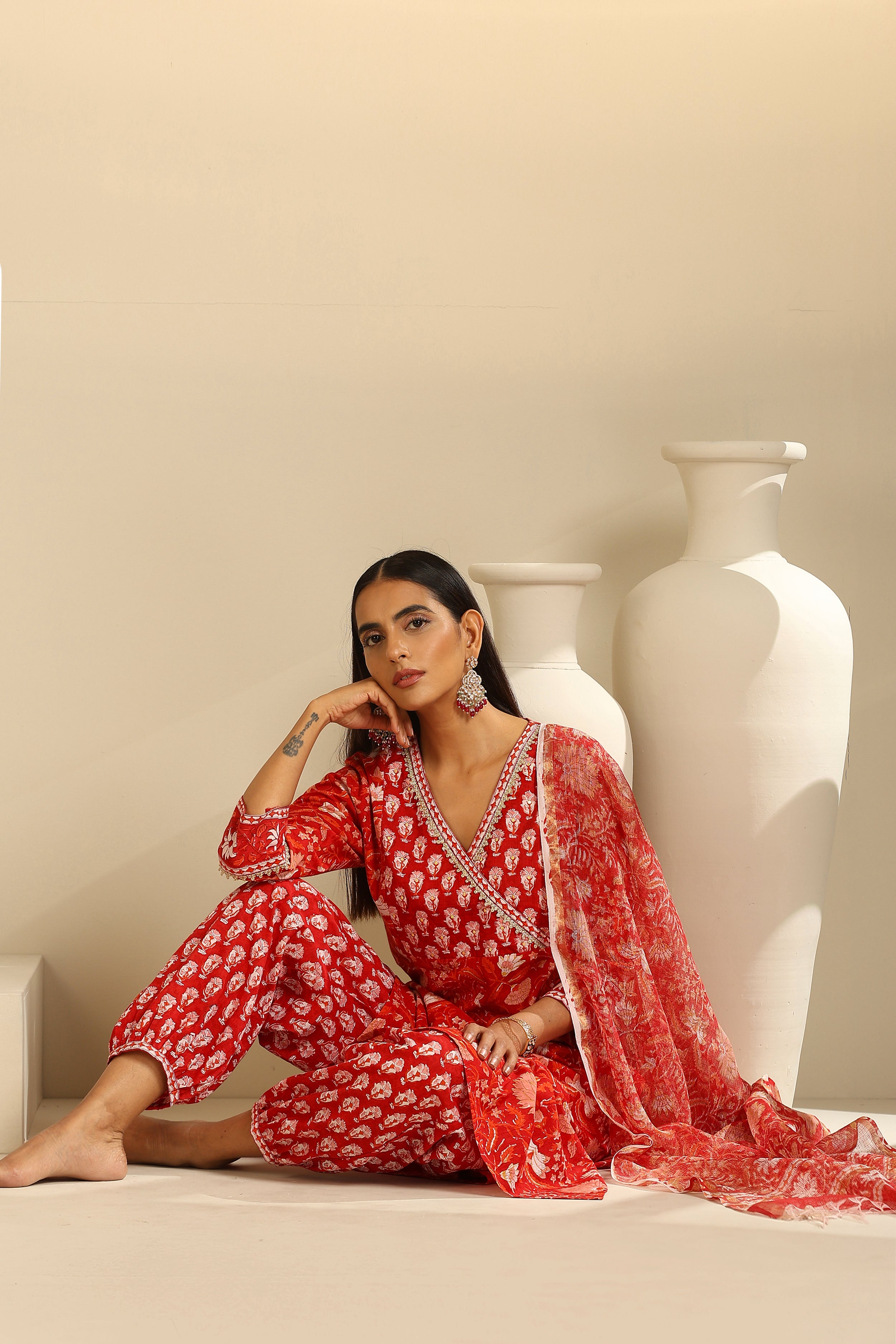 Red Clara Embroidered Kurta Set of 3