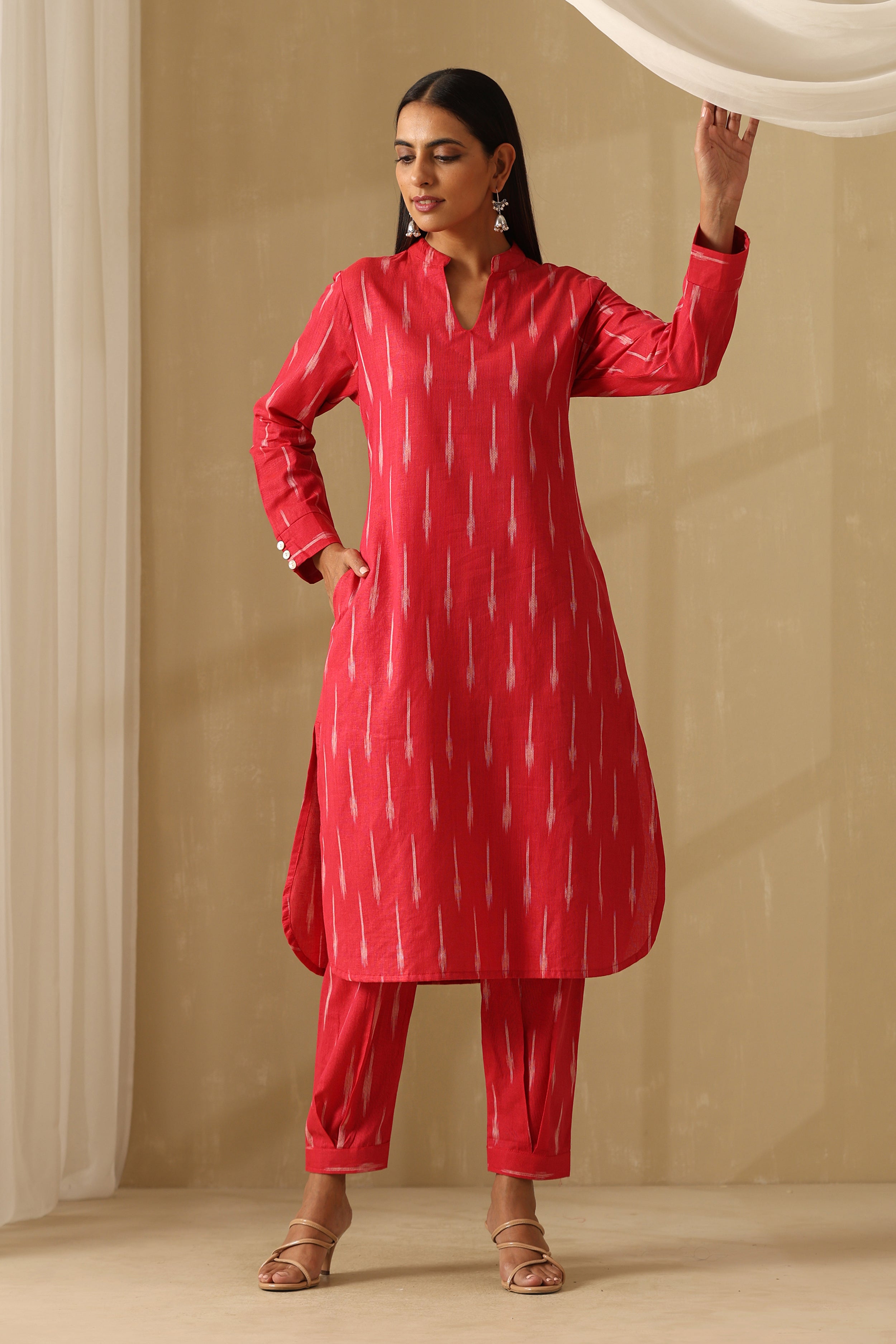 Raspberry Pink Ikat Handloom Cotton Kurta Set of 2