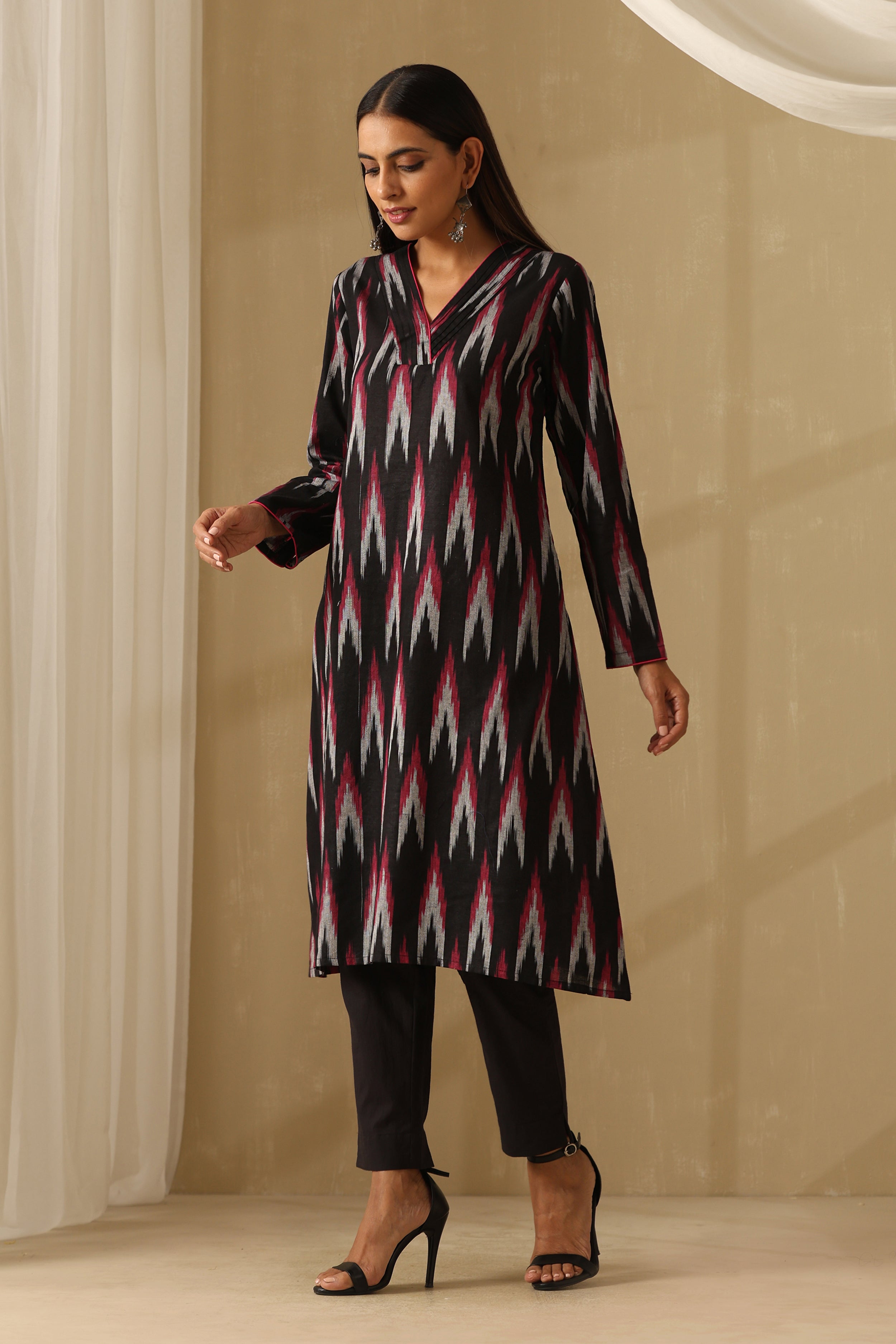 Midnight Black Ikat Handloom Cotton Kurta