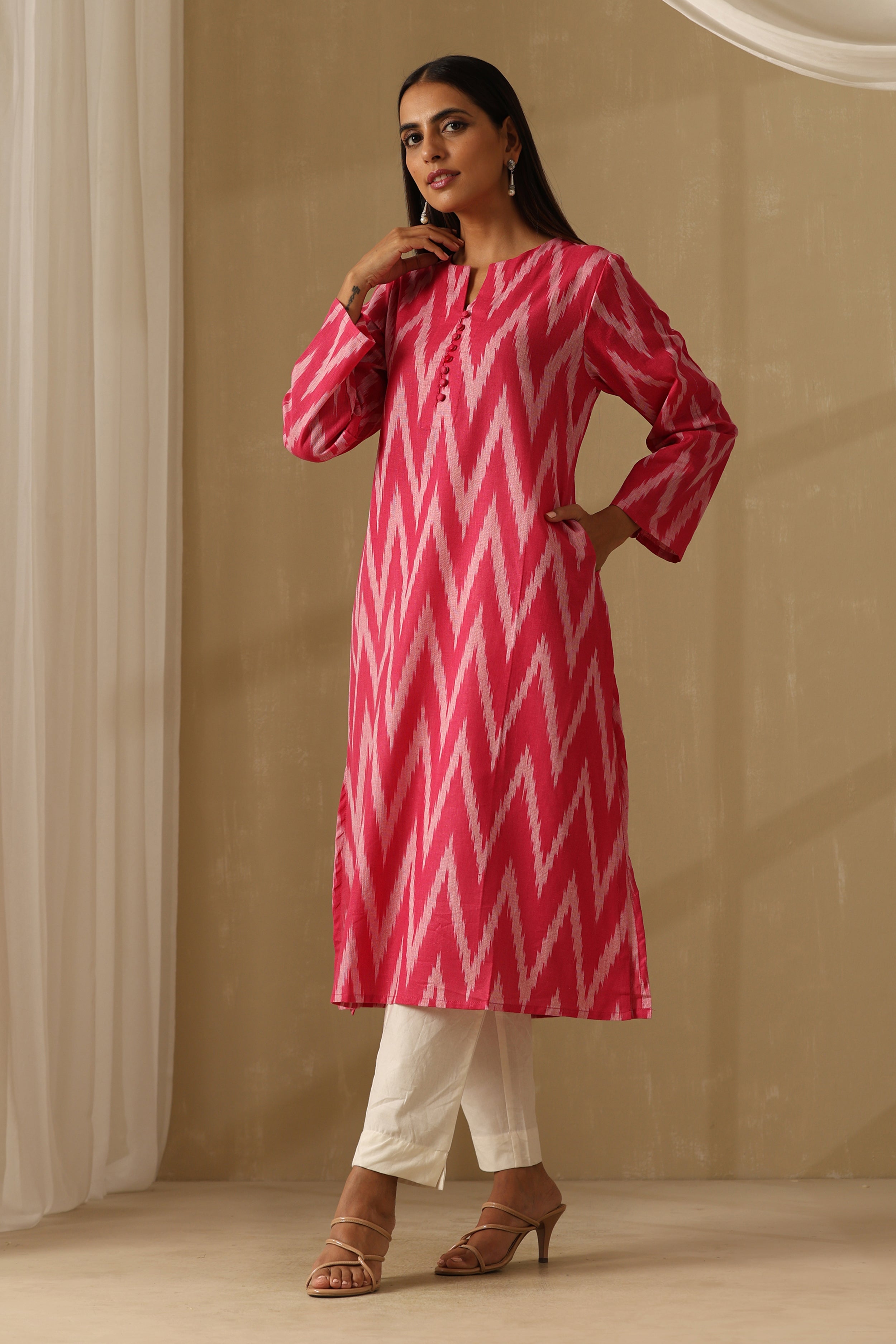 Camellia Pink Ikat Handloom Cotton Kurta Set of 2