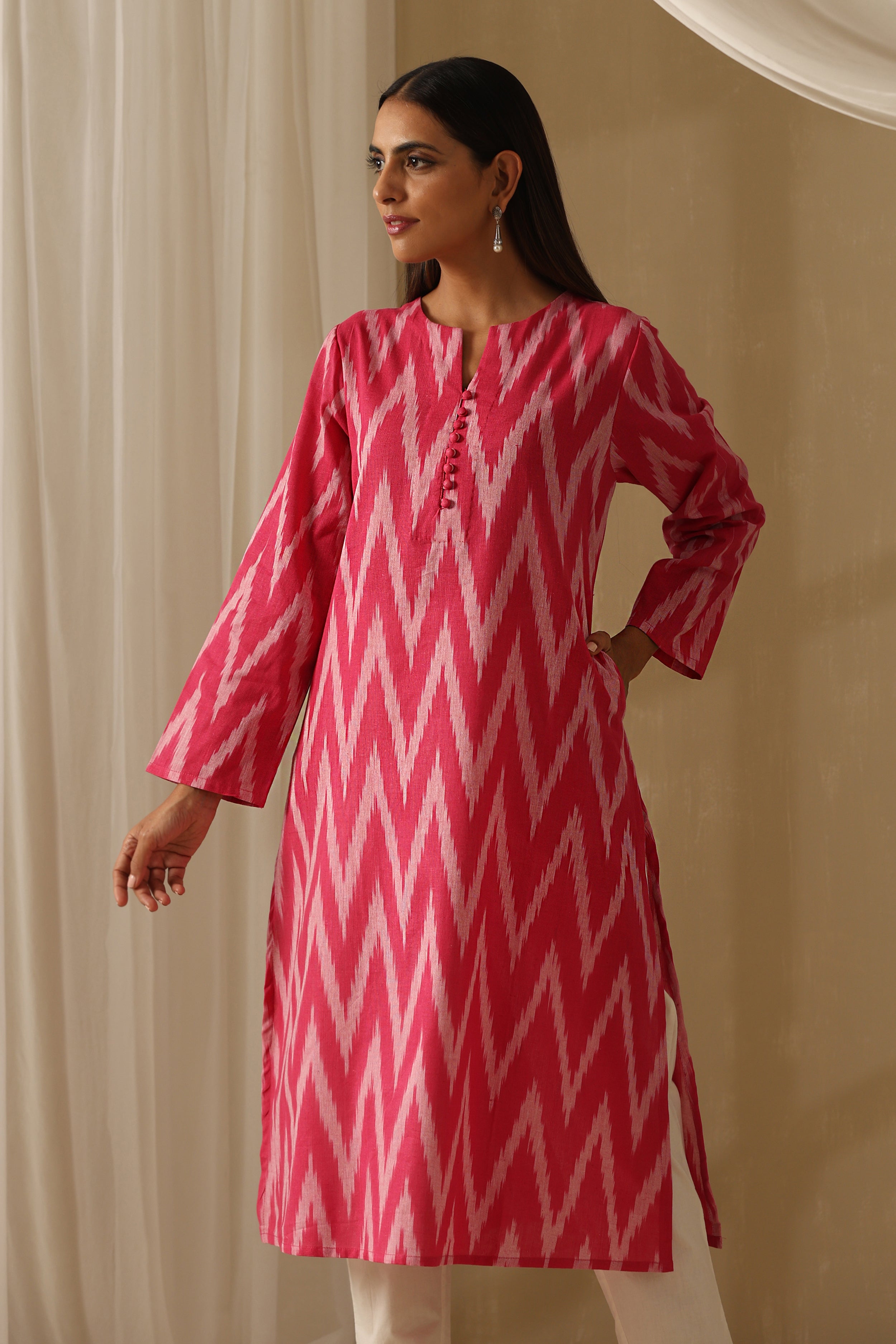 Camellia Pink Ikat Handloom Cotton Kurta