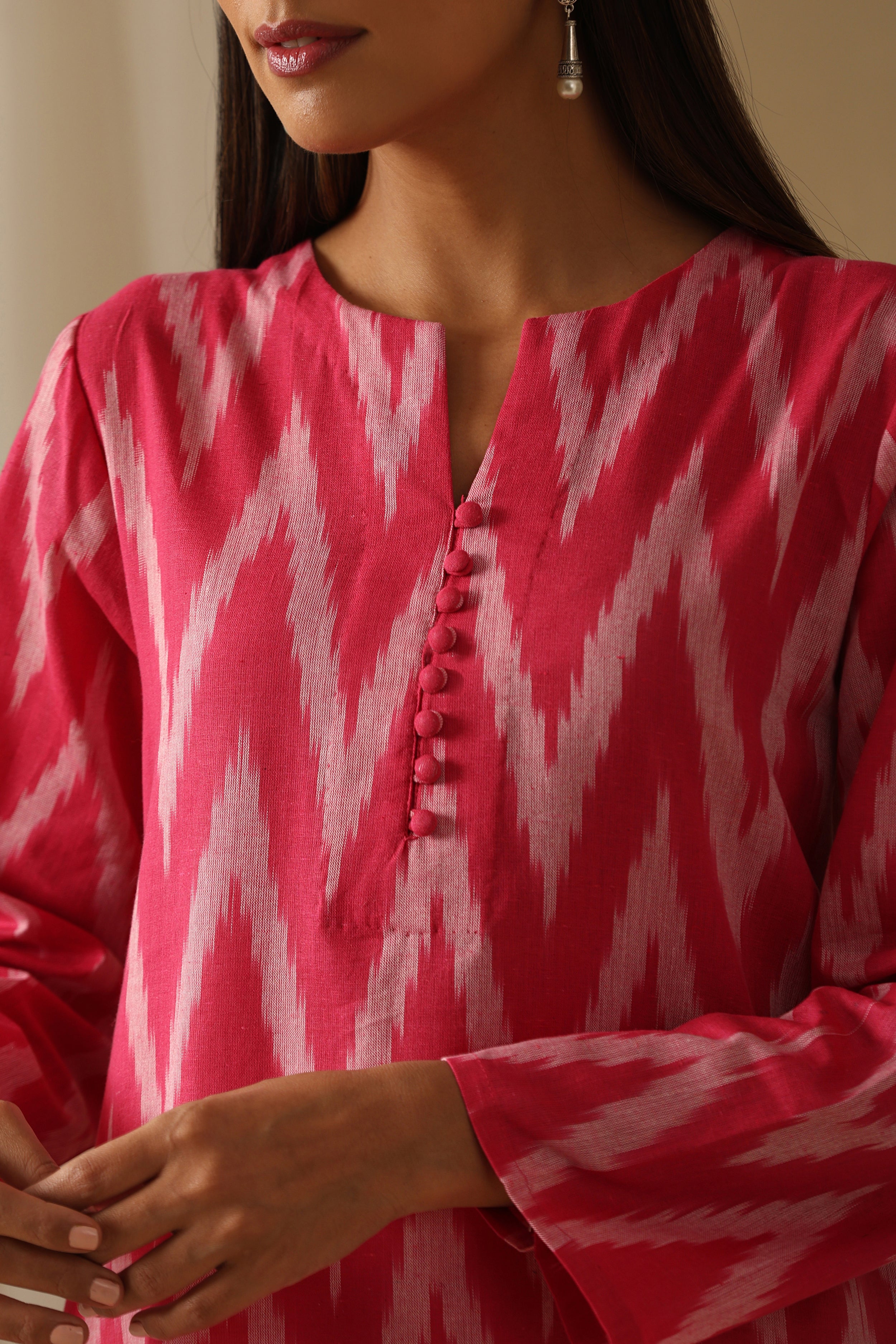 Camellia Pink Ikat Handloom Cotton Kurta