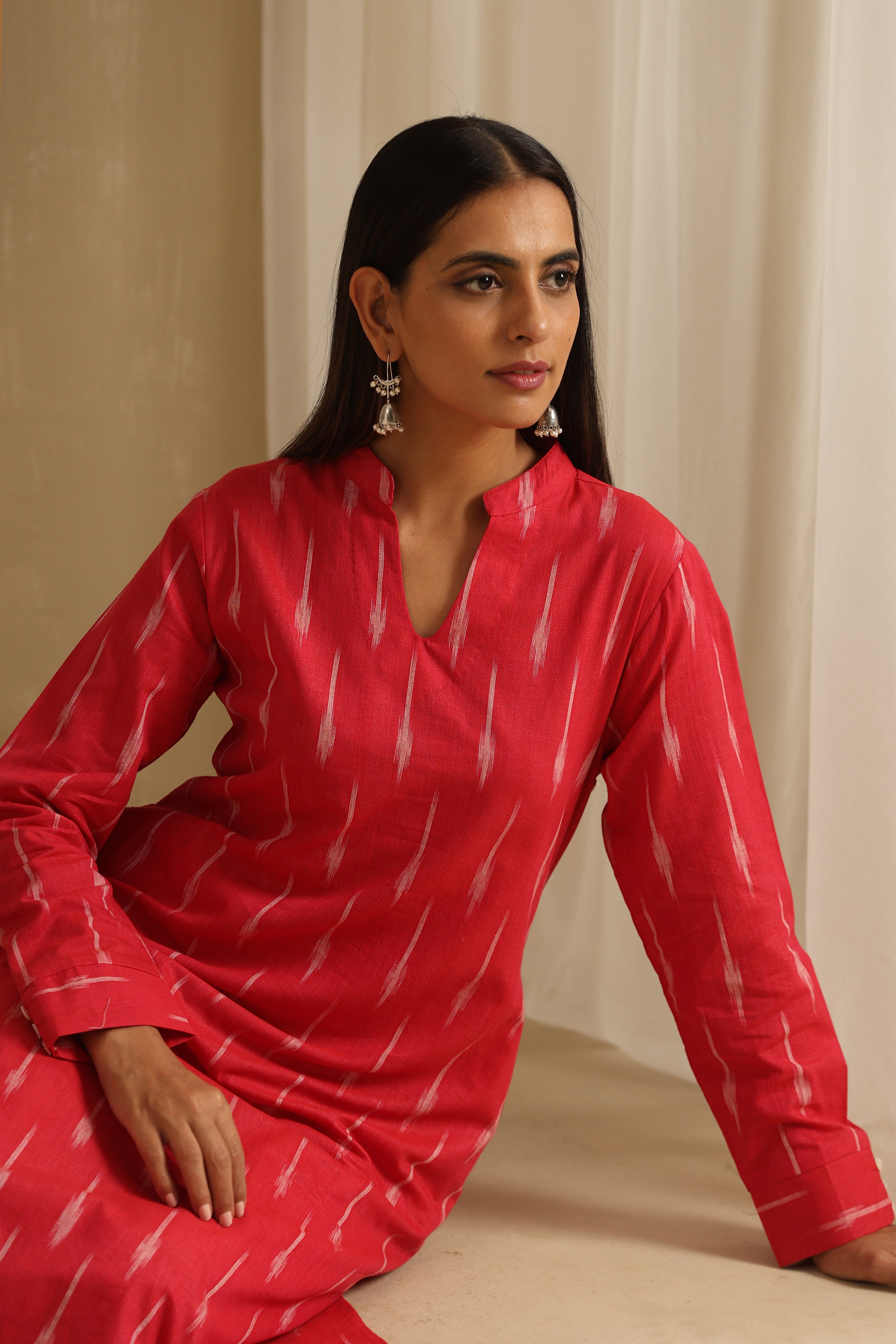 Raspberry Pink Ikat Handloom Cotton Kurta Set of 2