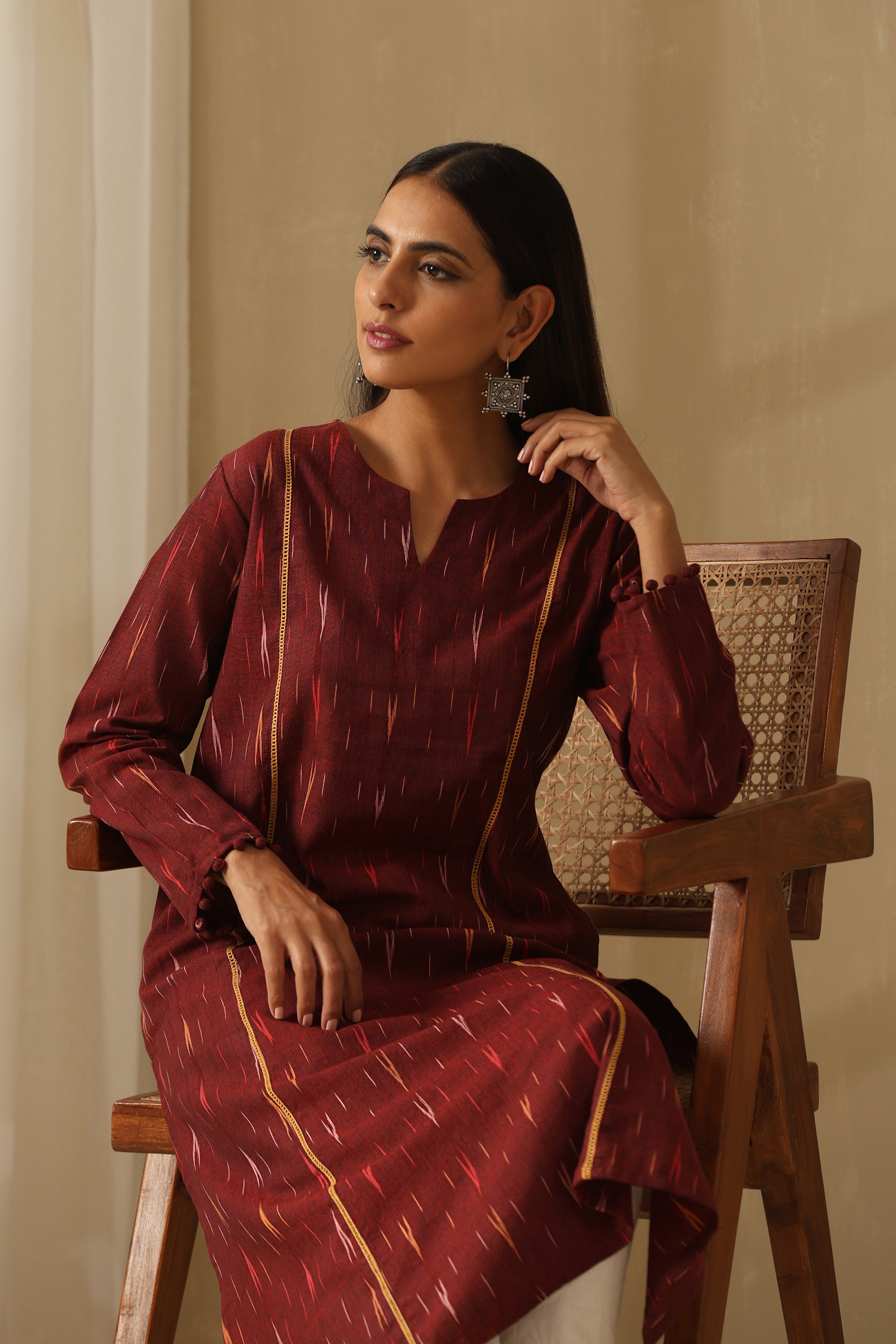 Siam Burgundy Ikat Handloom Cotton Kurta