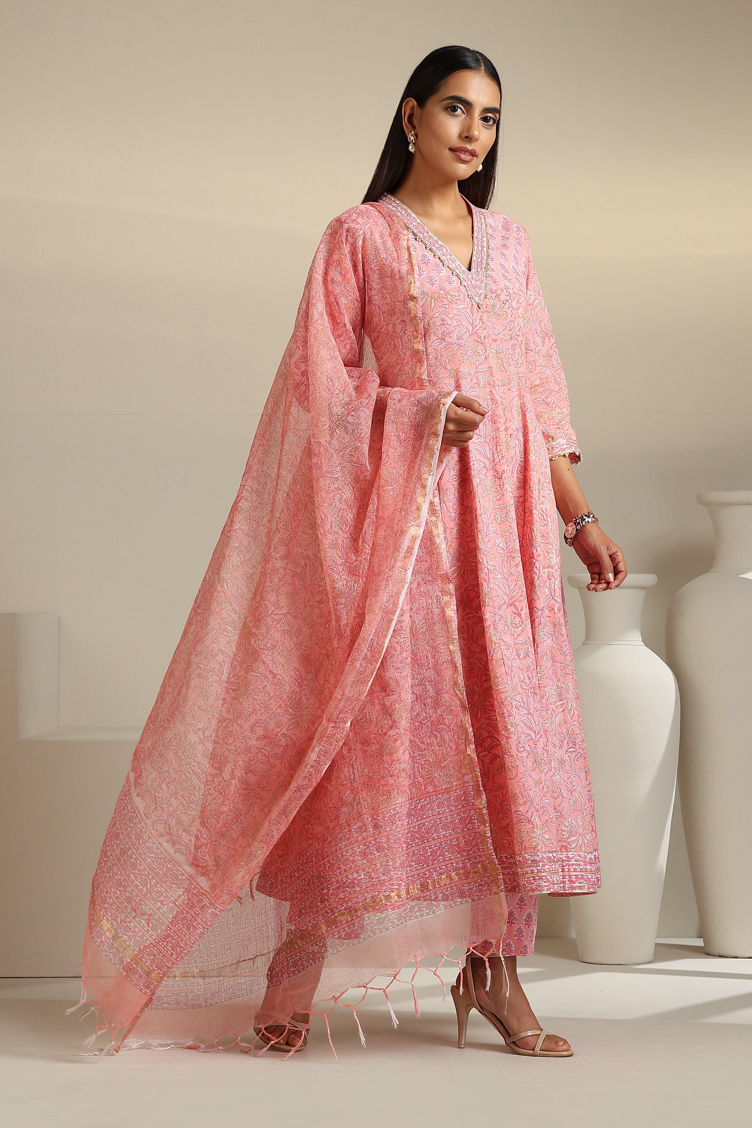 Bella Blush Pink Kalidaar Anarkali Set of 3