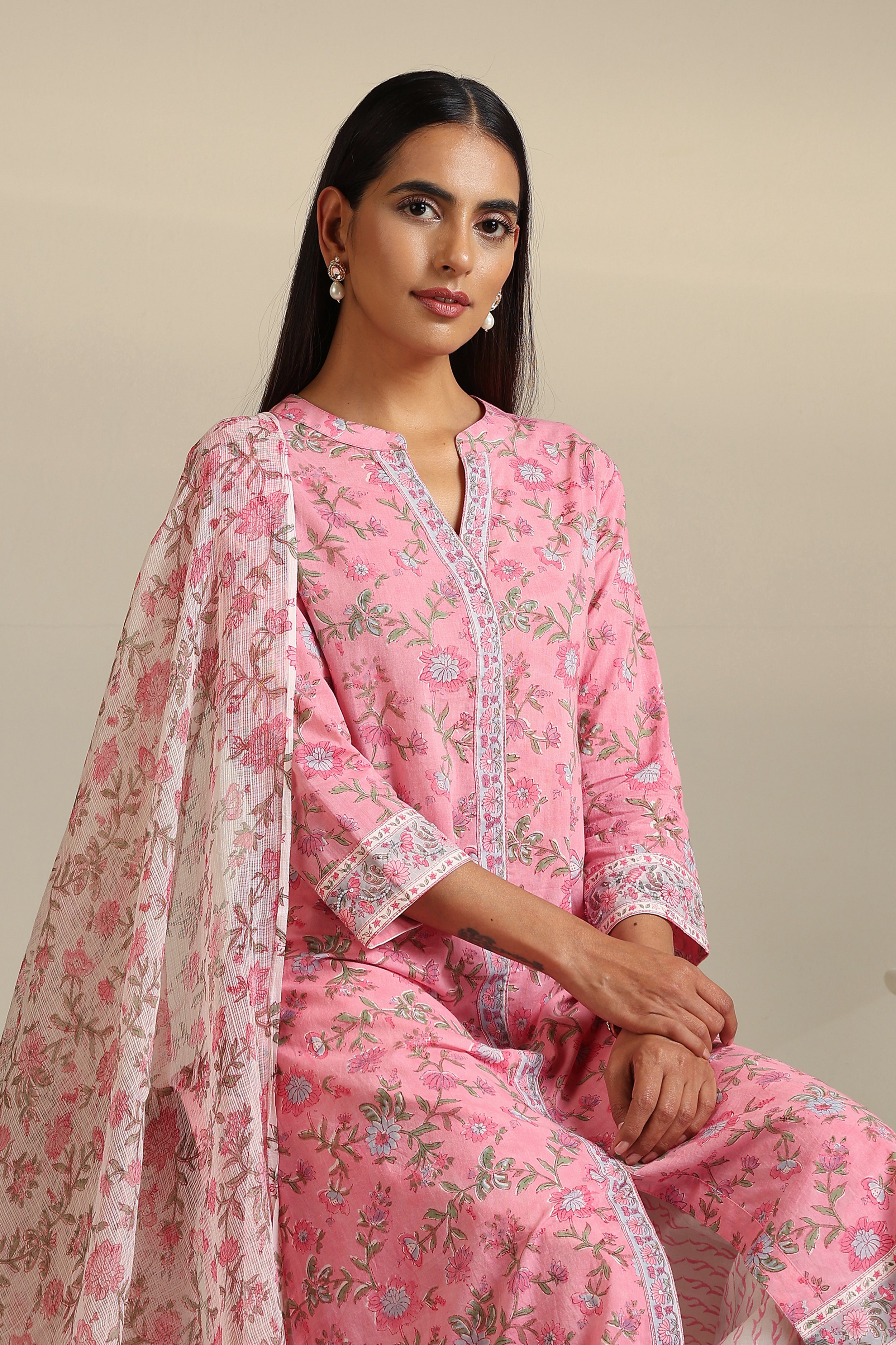 Cerise Pink Embroidered Kurta Set of 3