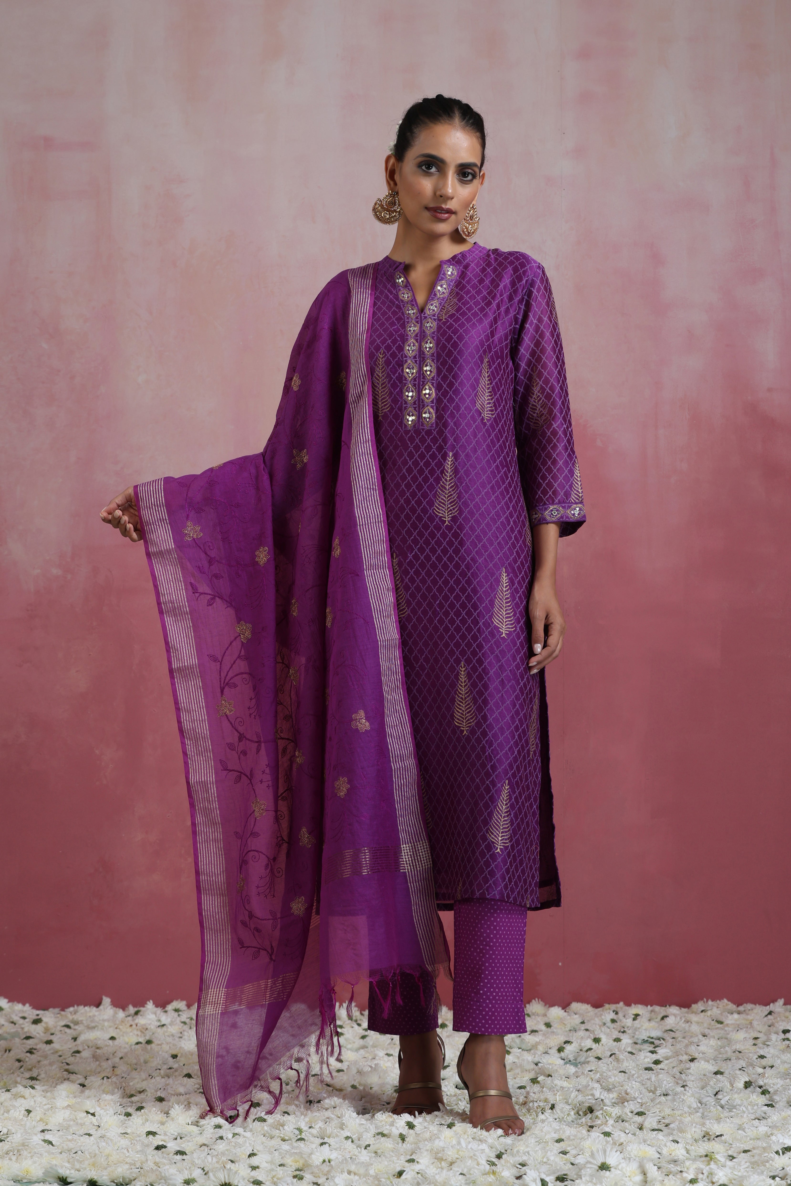 Purple Merlin Embroidered Chanderi Kurta Set of 3