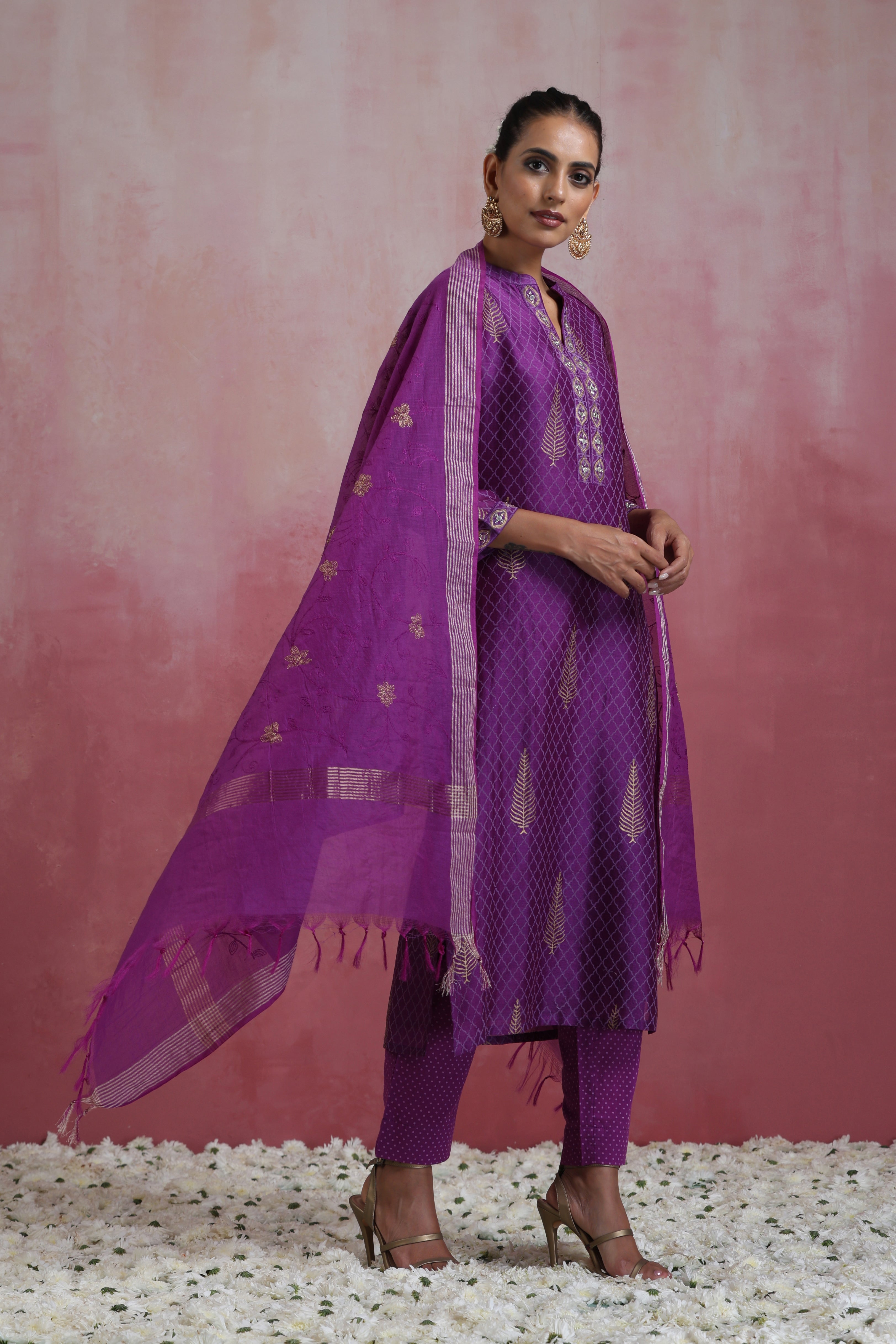 Purple Merlin Embroidered Chanderi Kurta Set of 3