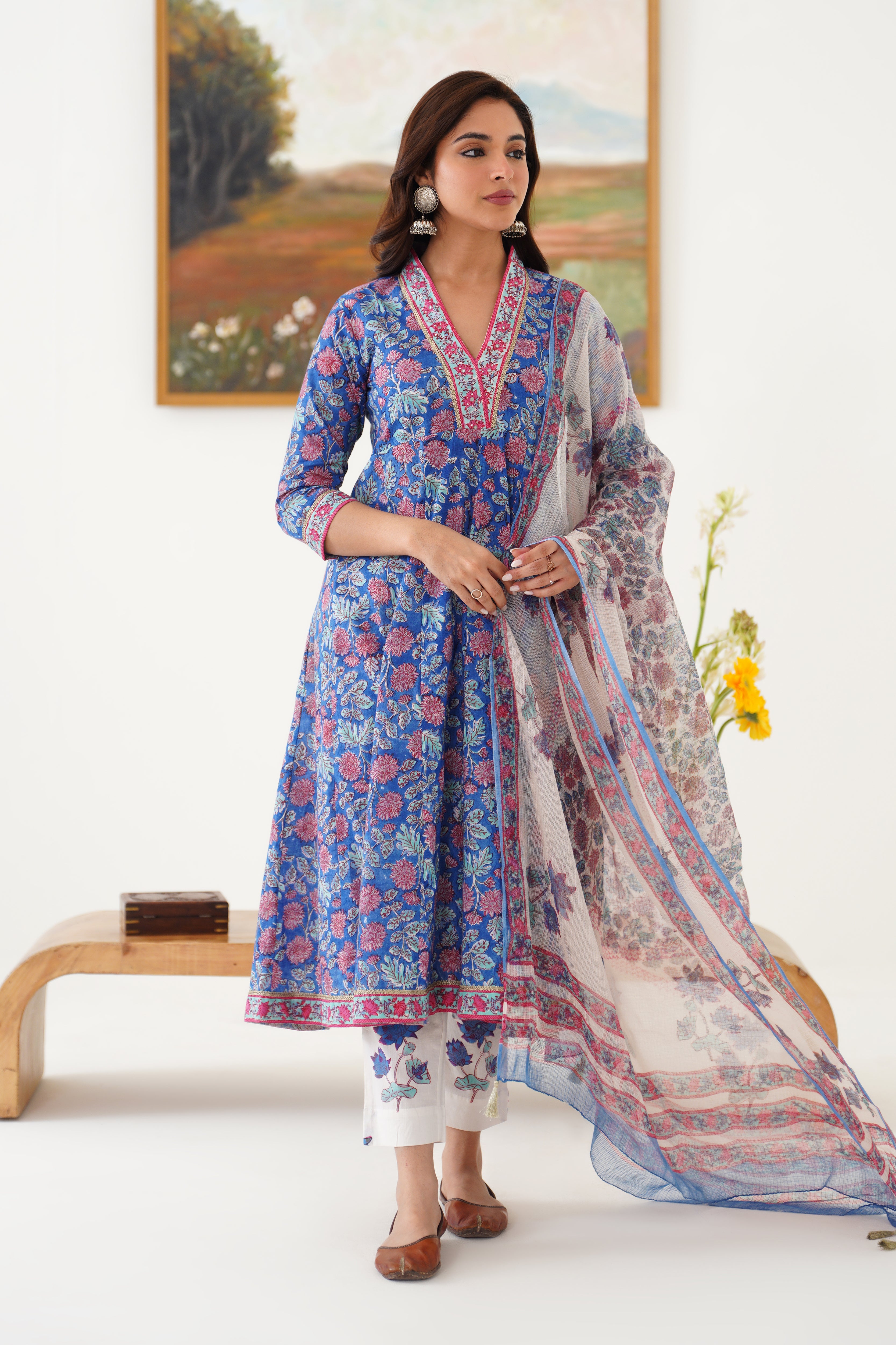 Blue Eliana Embroidered Anarkali Set of 3