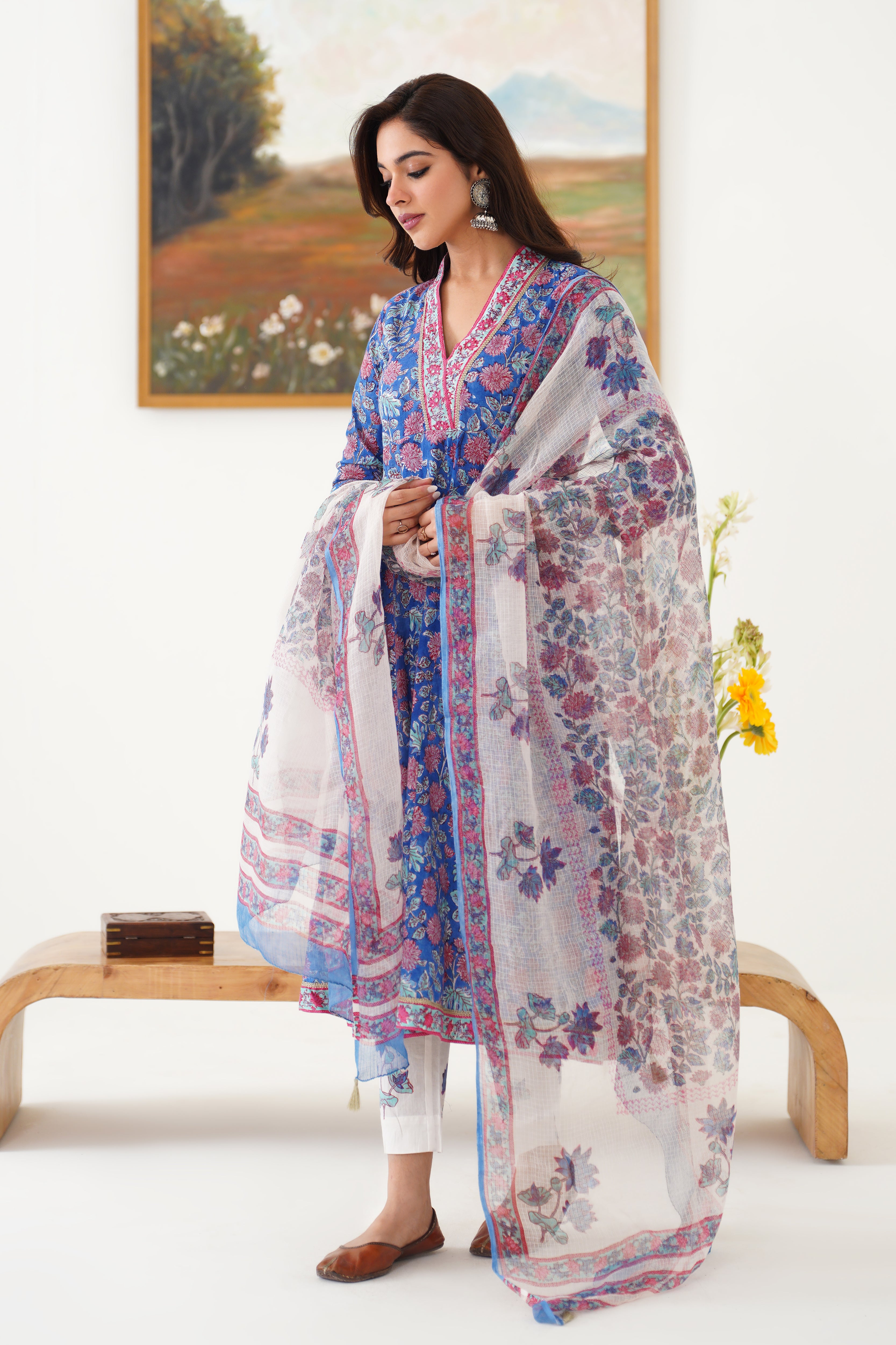 Blue Eliana Embroidered Anarkali Set of 3