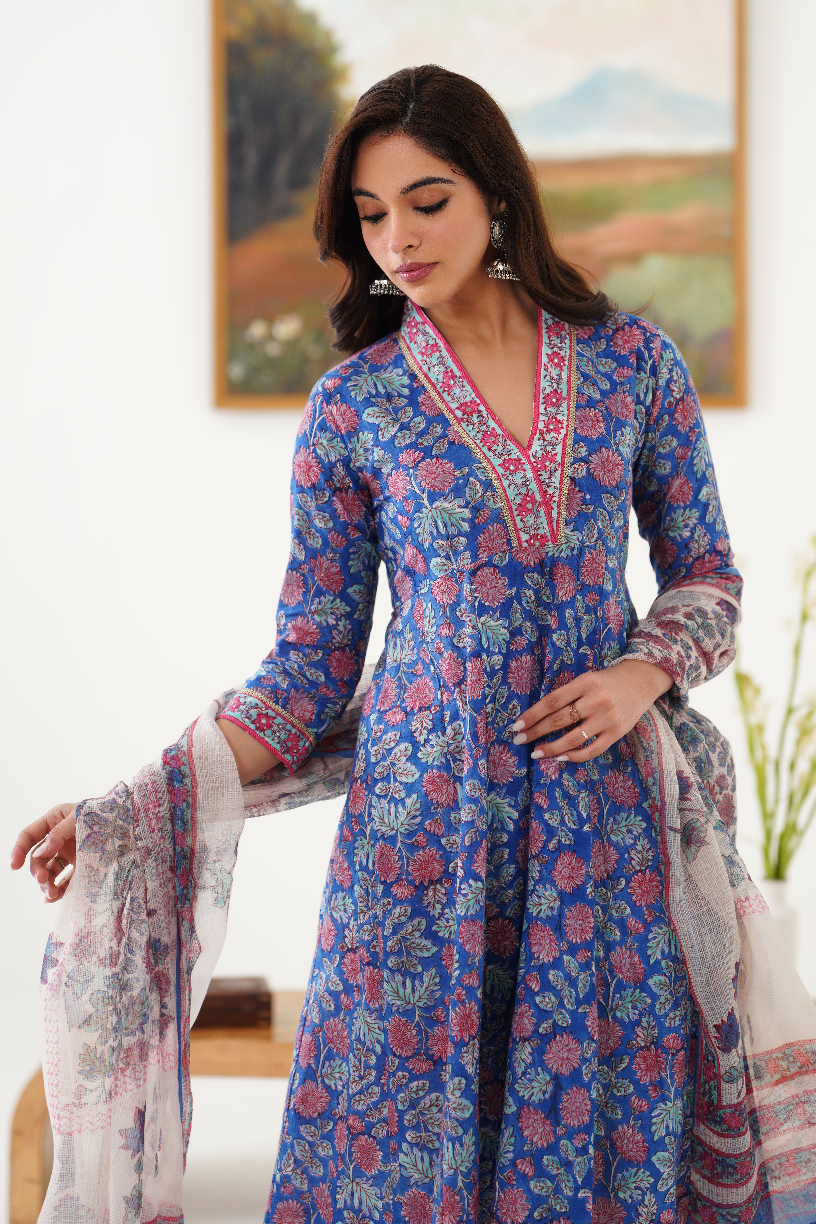 Blue Eliana Embroidered Anarkali Set of 3