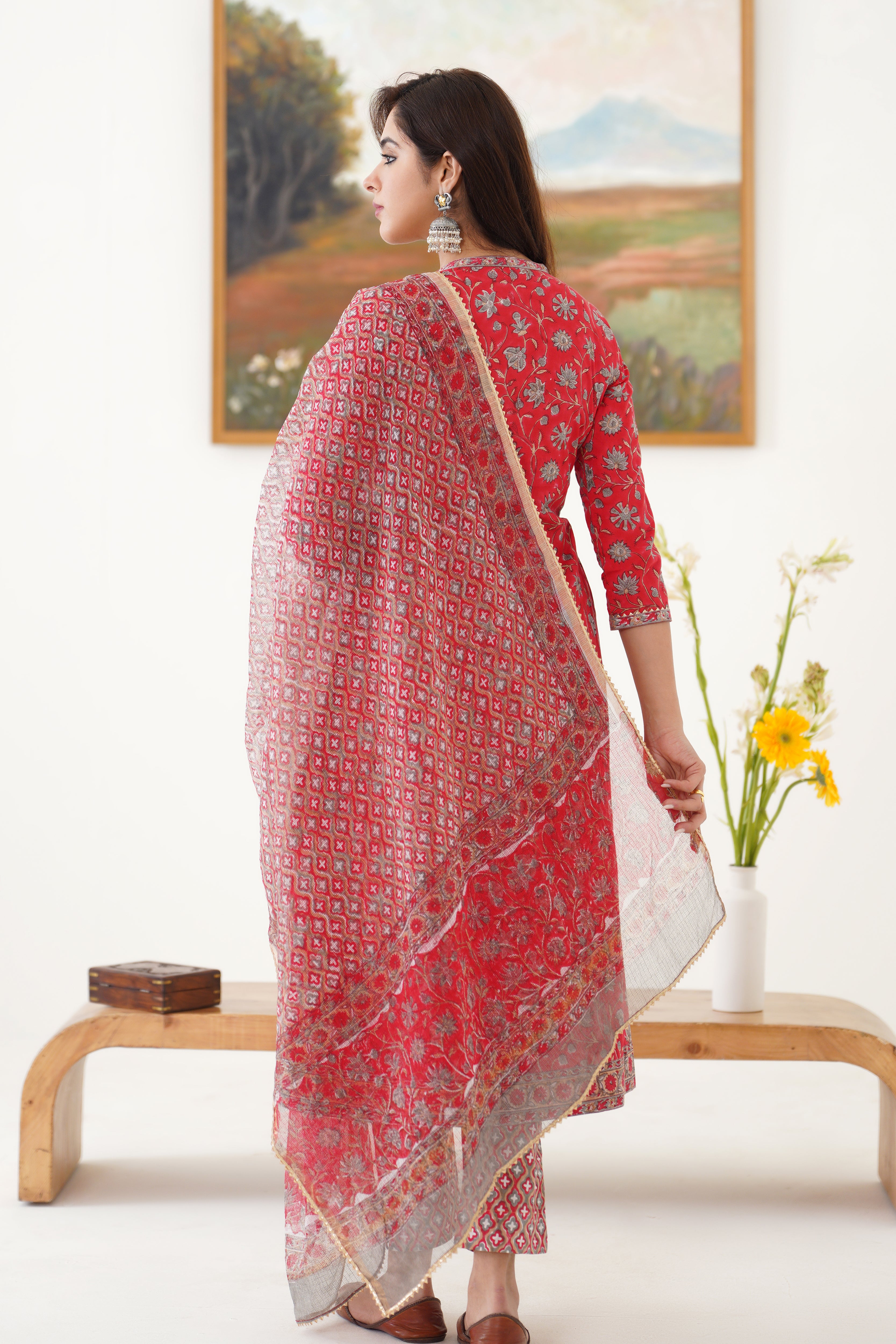 Red Poinsettia Gathered Kurta Set of 3
