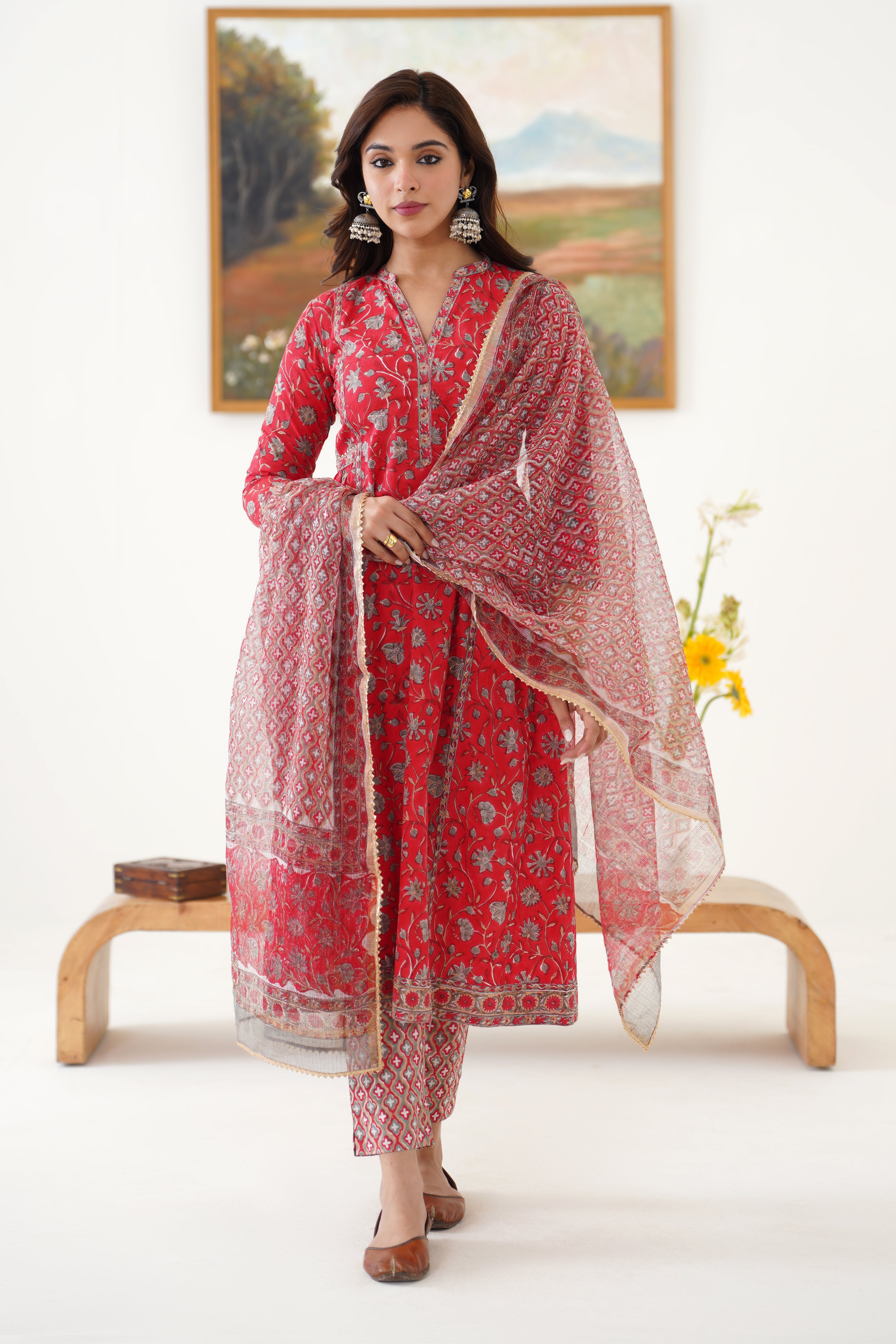 Red Poinsettia Gathered Kurta Set of 3