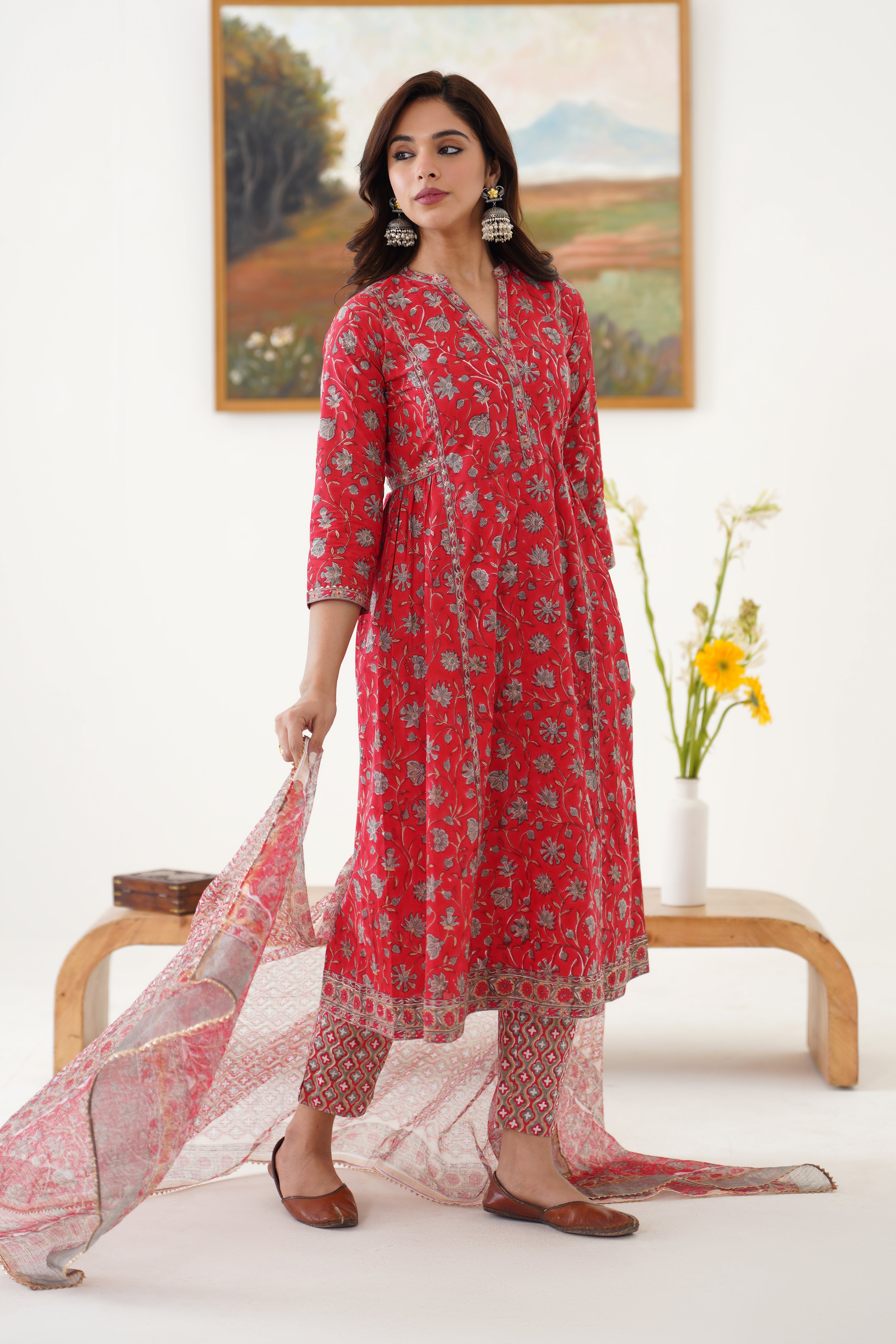 Red Poinsettia Gathered Kurta Set of 3