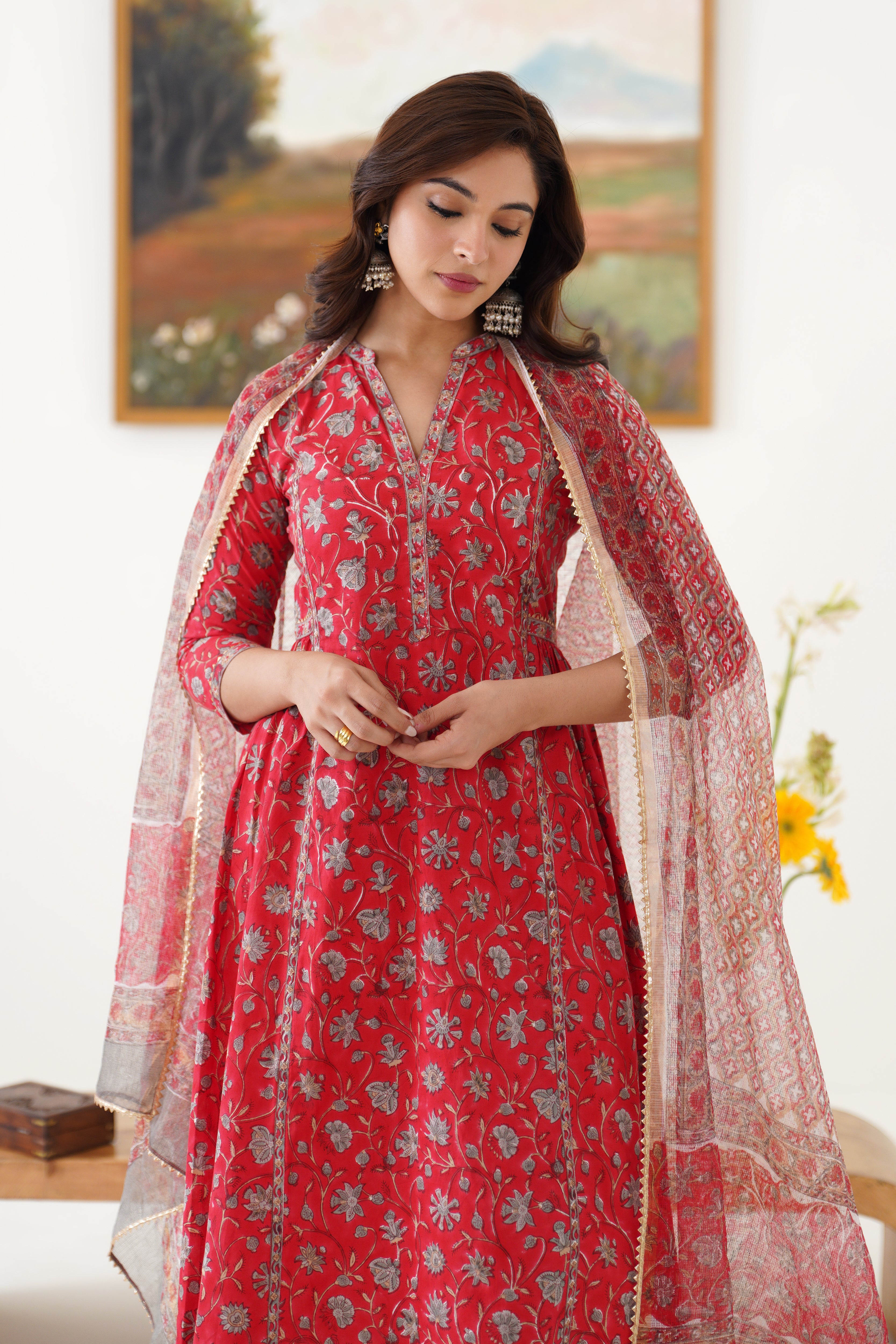 Red Poinsettia Gathered Kurta Set of 3