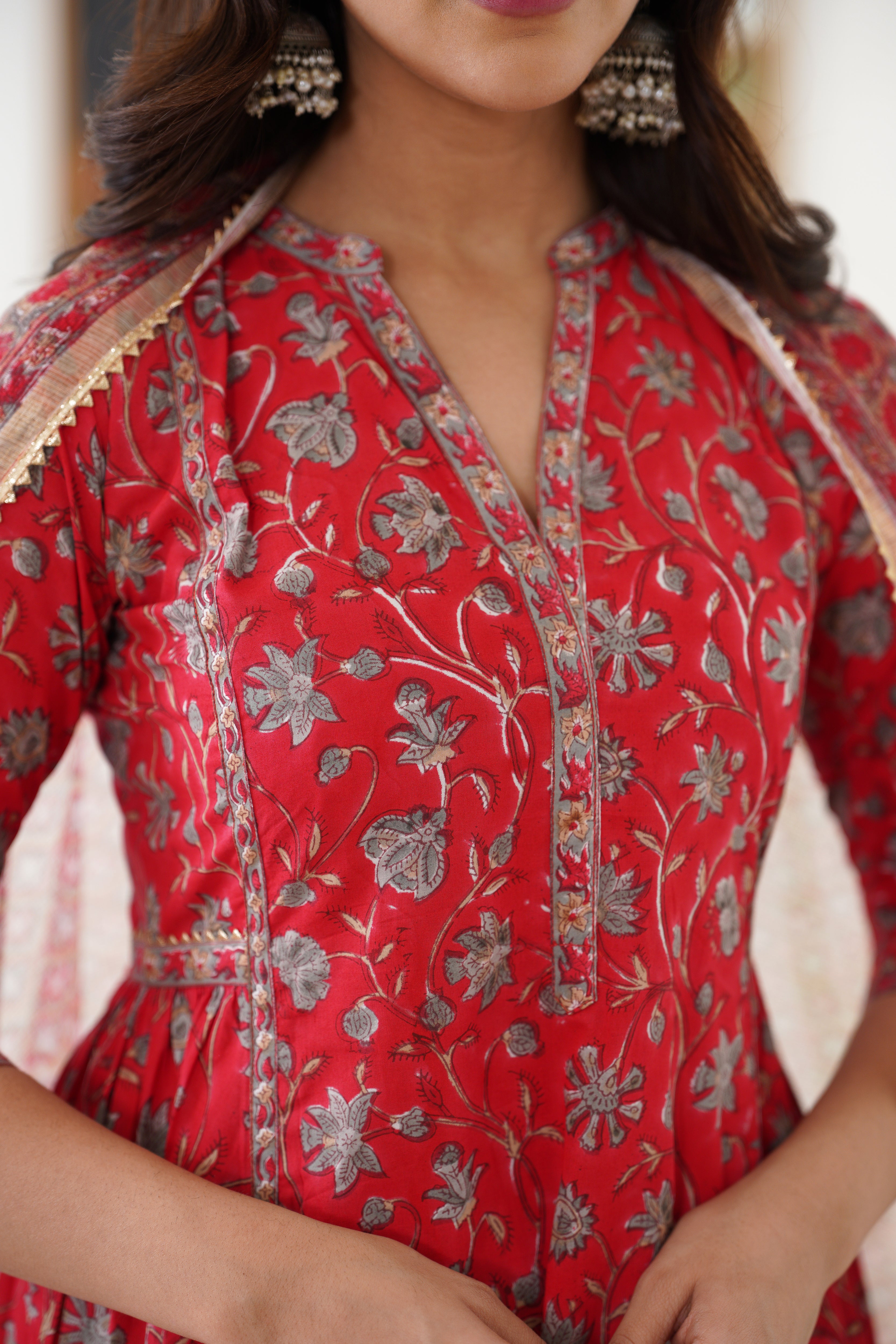 Red Poinsettia Gathered Kurta Set of 3