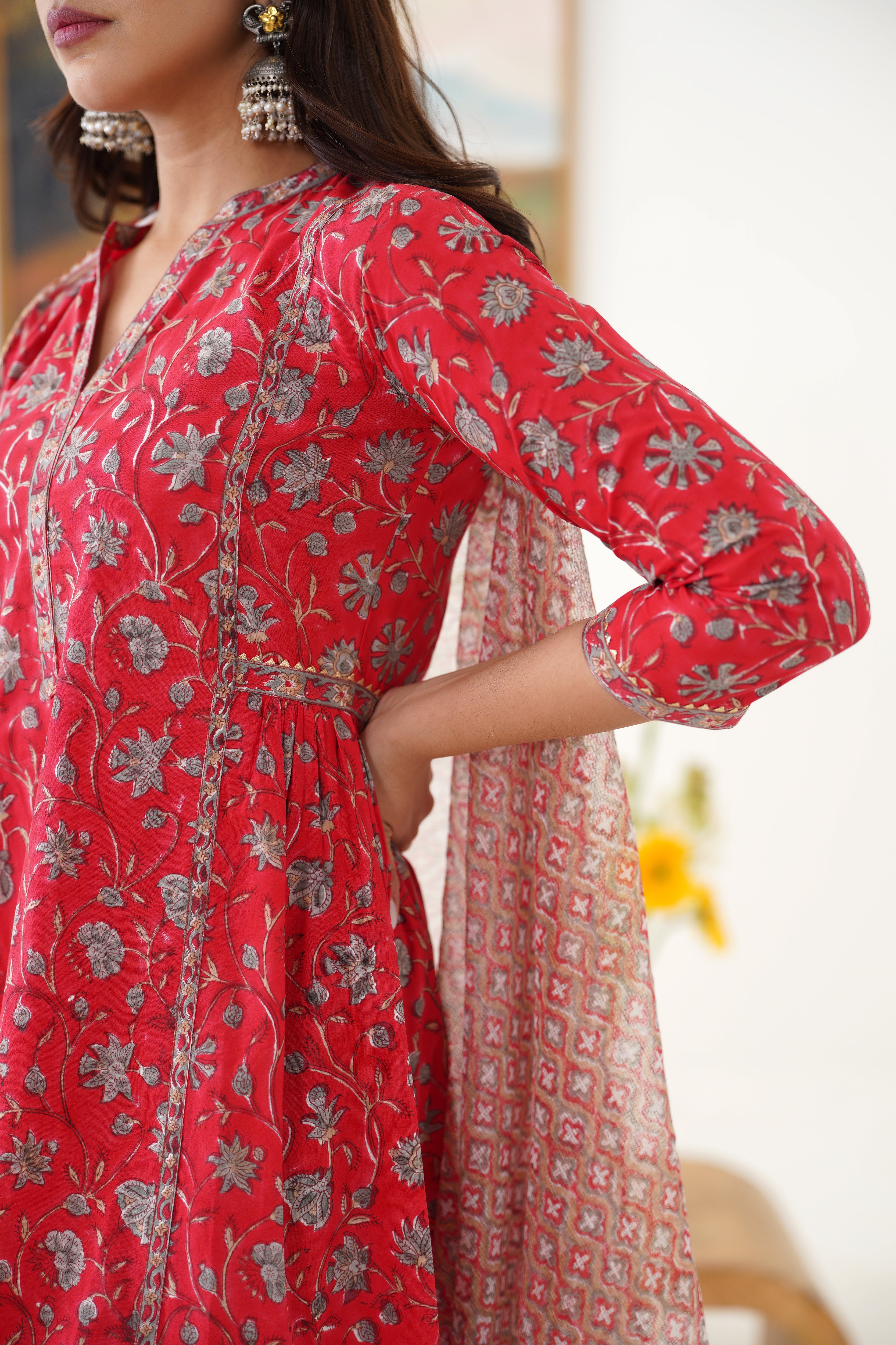 Red Poinsettia Gathered Kurta Set of 3