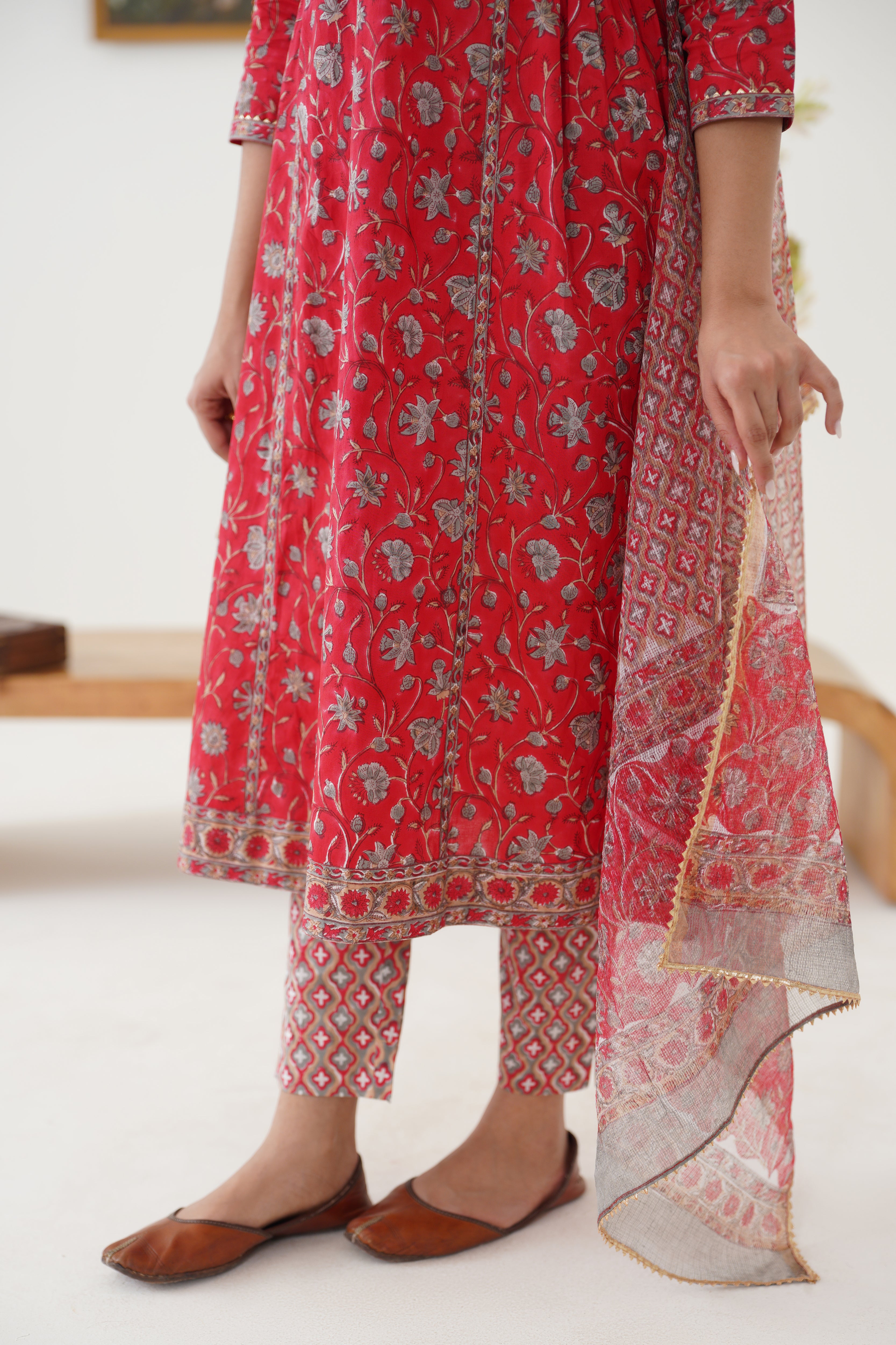 Red Poinsettia Gathered Kurta Set of 3