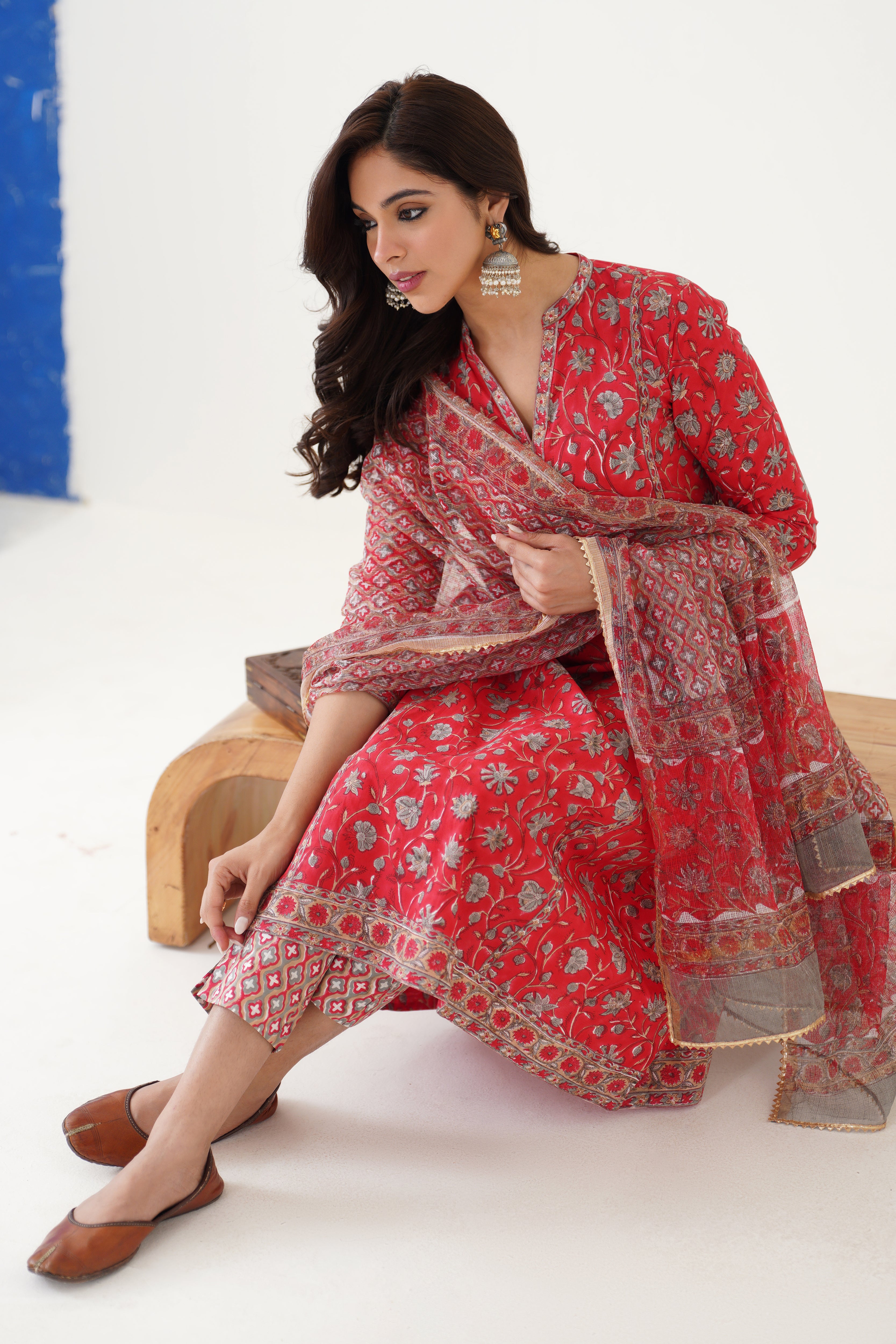 Red Poinsettia Gathered Kurta Set of 3