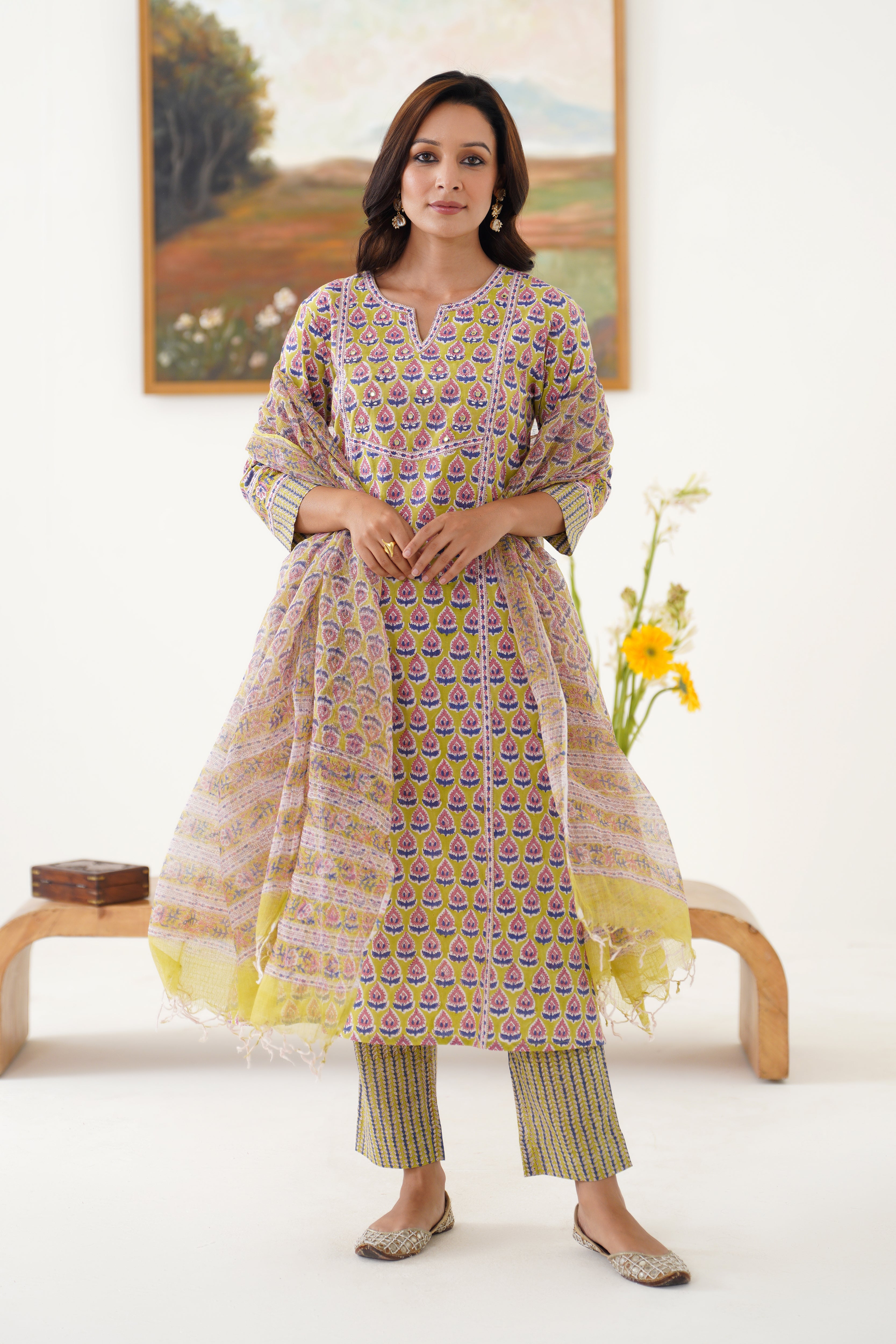 Green Kelsey Embroidered Kurta Set of 3